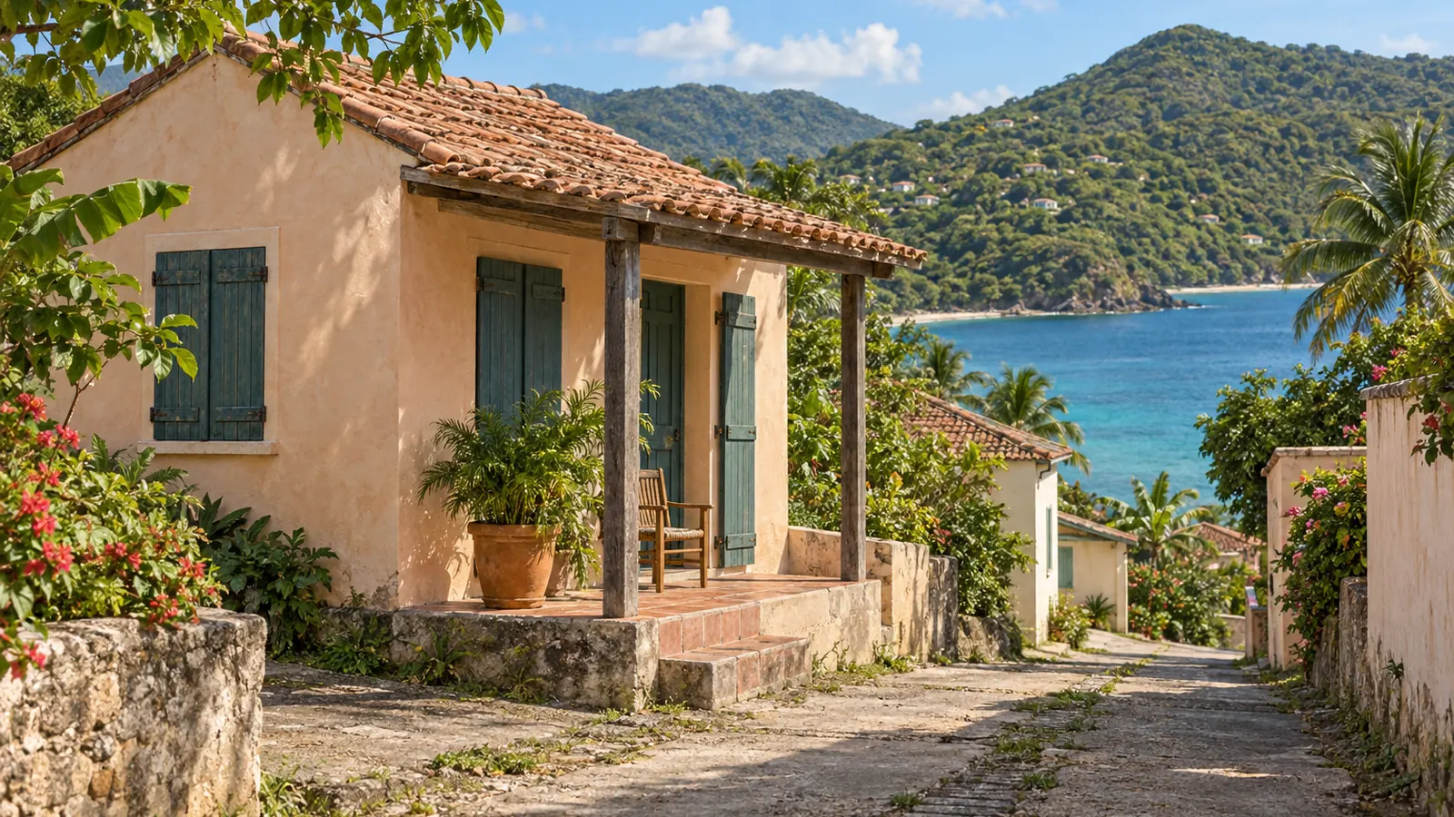 Photo-like illustration inspired by coastal Martinique: a pastel plaster home with wooden shutters and a shaded porch beside a sloping lane, blue bay and tropical green hills in warm daylight.