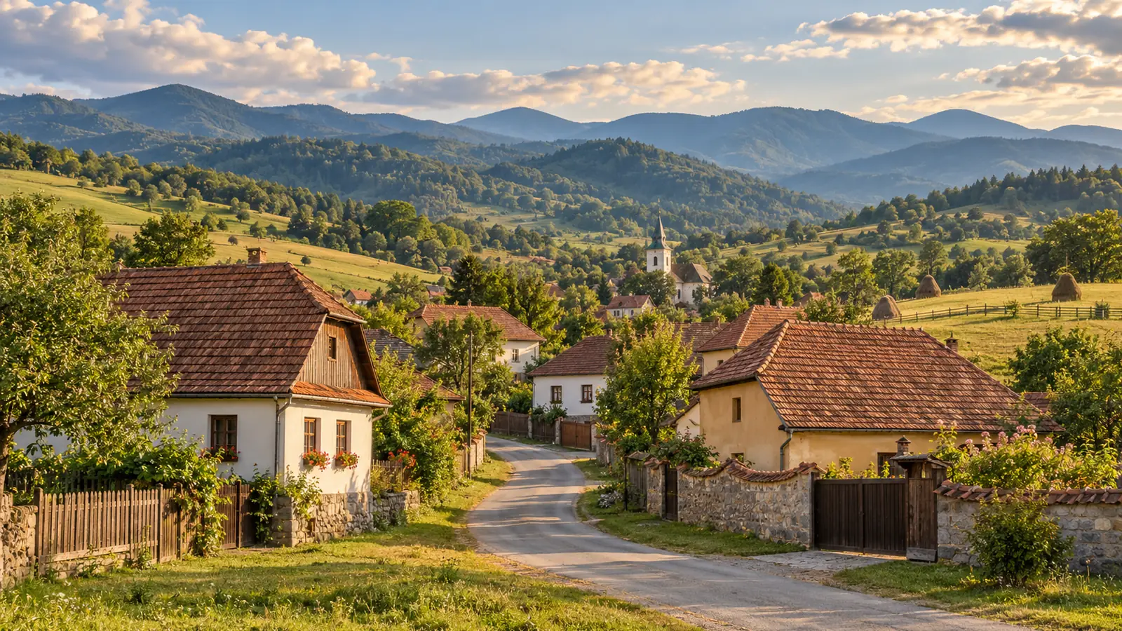 Ilustración realista de un pueblo de Transilvania: casas tradicionales enlucidas con tejados de tejas rojas junto a prados verdes y colinas boscosas bajo una luz cálida.