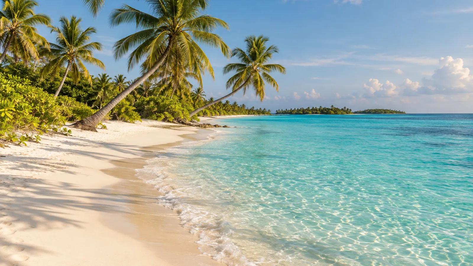 Illustrazione in stile fotografico ispirata alle Maldive: palme da cocco accanto a una spiaggia di sabbia chiara, acque basse turchesi cristalline e un orizzonte di isole basse alla luce calda.