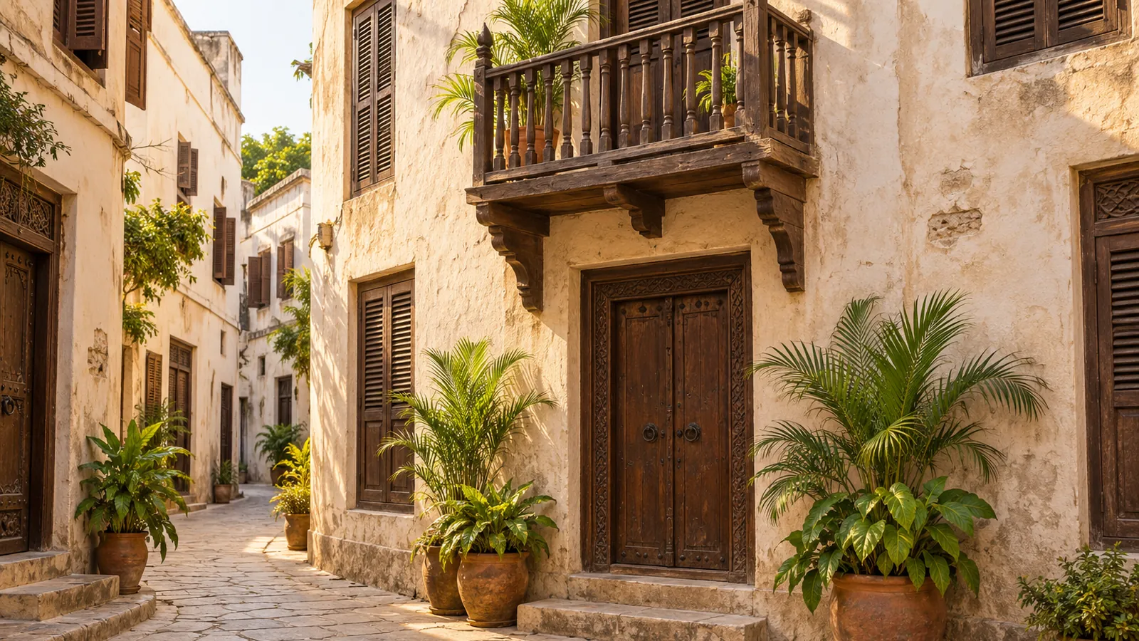 Illustrazione in stile fotografico ispirata a Stone Town di Zanzibar: un vicolo stretto lastricato di pietra, muri di intonaco chiaro, porte di legno scuro intagliate, un balcone di legno e piante tropicali in vaso alla luce calda.