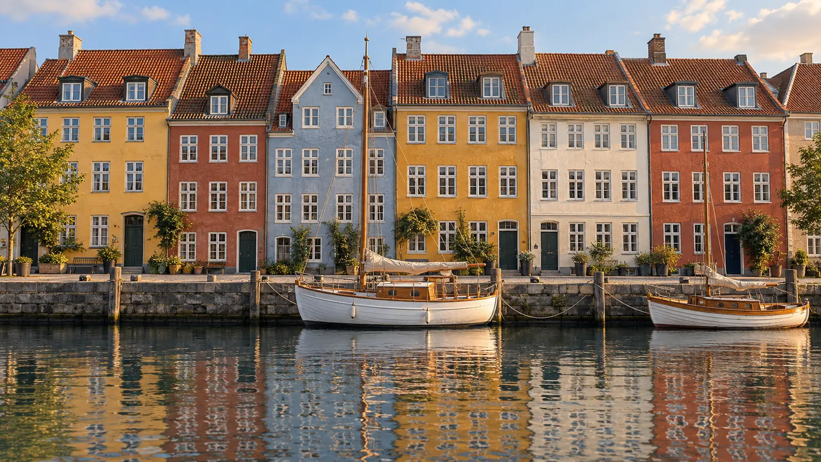 Illustrazione di un porto danese con case a schiera colorate, una barca di legno ormeggiata e riflessi sull'acqua calma.