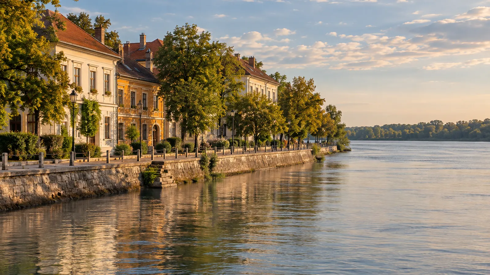 Ilustración realista inspirada en Zemun, Belgrado: edificios clásicos con tejados de tejas, un paseo arbolado y un río ancho bajo una luz cálida.