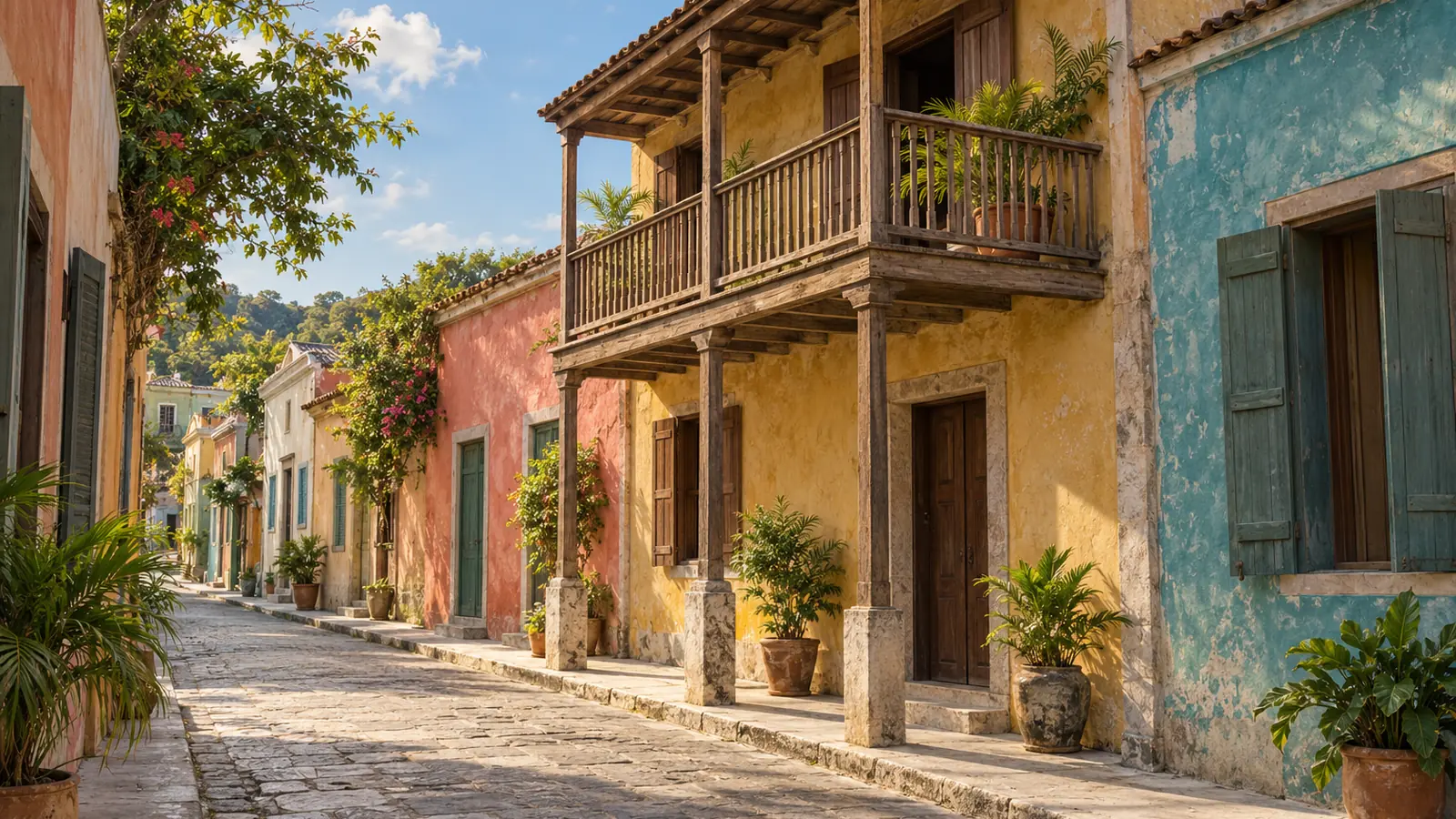Illustrazione in stile fotografico ispirata a Jacmel, Haiti: facciate in muratura colorate, un balcone in legno, porte ombreggiate e piante in vaso lungo una strada con luce calda.