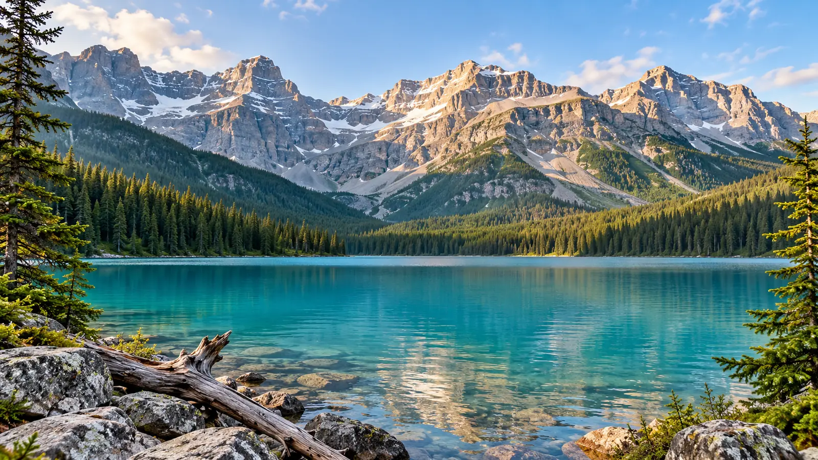 Fotorealistische Illustration eines türkisfarbenen Sees in den kanadischen Rocky Mountains, umgeben von Nadelwald und schroffen Gipfeln mit Schneeresten.