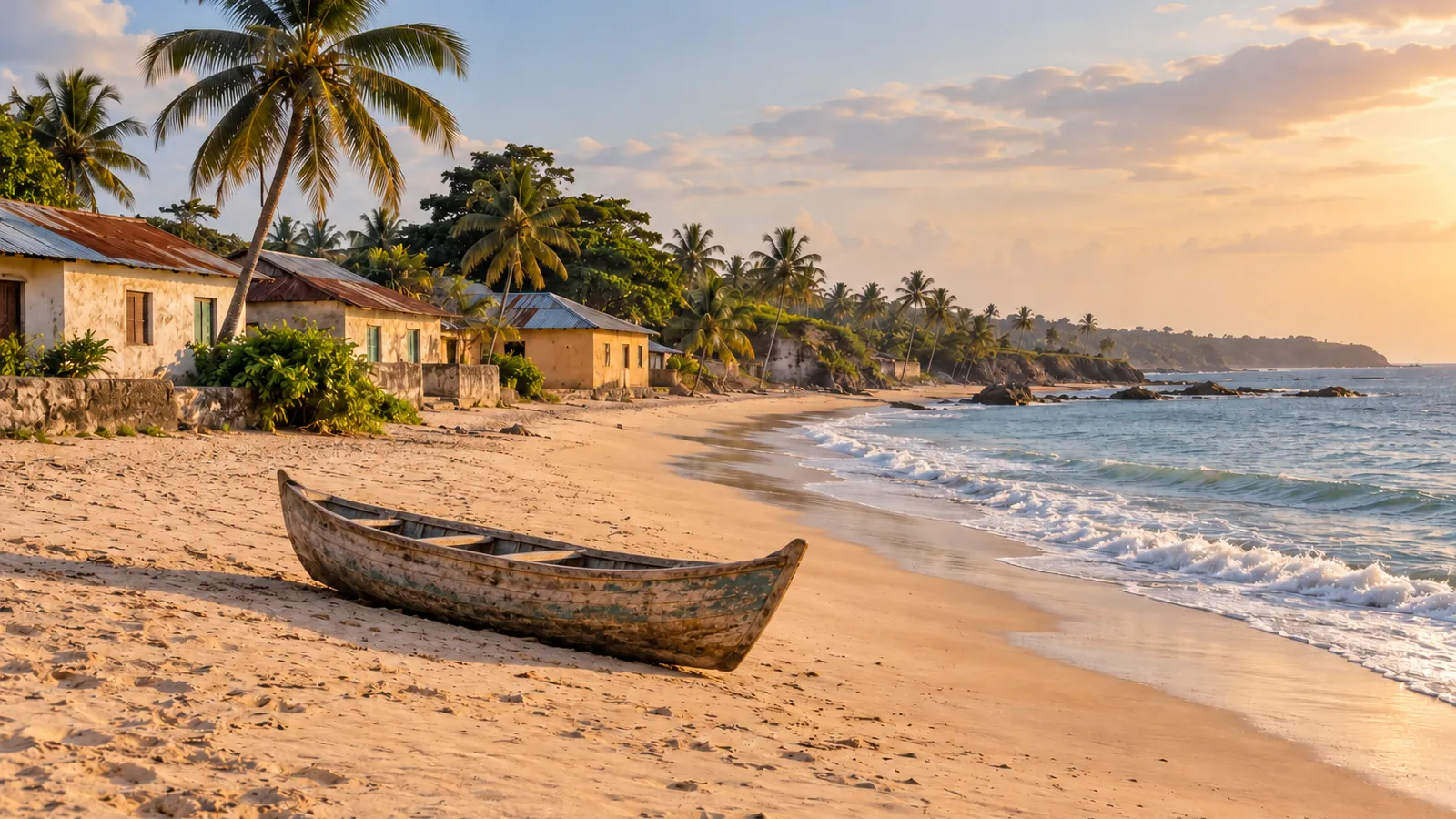 Illustrazione in stile fotografico ispirata alla regione di Cape Coast: una canoa di legno su una riva sabbiosa, semplici case costiere e palme accanto alle onde dell'oceano in una luce calda.