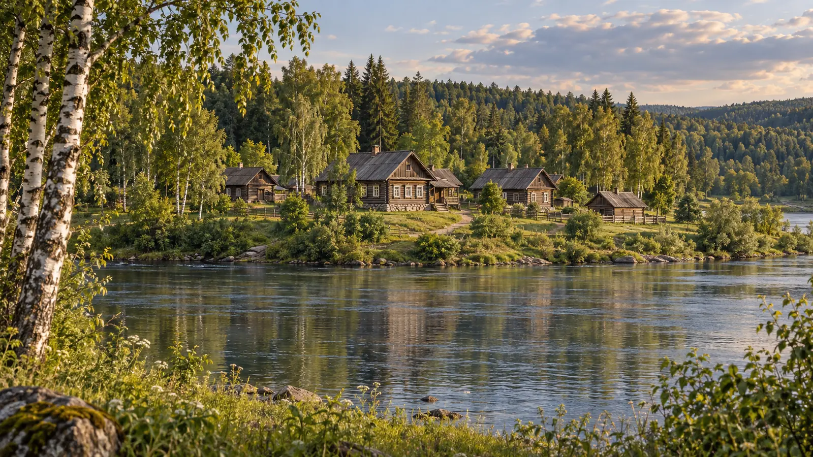 Illustrazione in stile fotografico ispirata alla Russia: case di legno con tetti spioventi accanto a boschi di betulle e a un fiume calmo, con rive erbose illuminate da una luce calda.