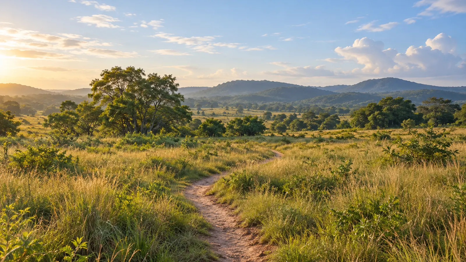 Fotorealistische Illustration nach dem Vorbild der Rupununi-Savanne: ein Erdpfad durch grüne und goldene Gräser, belaubte Baumgruppen und ferne bewaldete Höhenzüge im warmen Tageslicht.