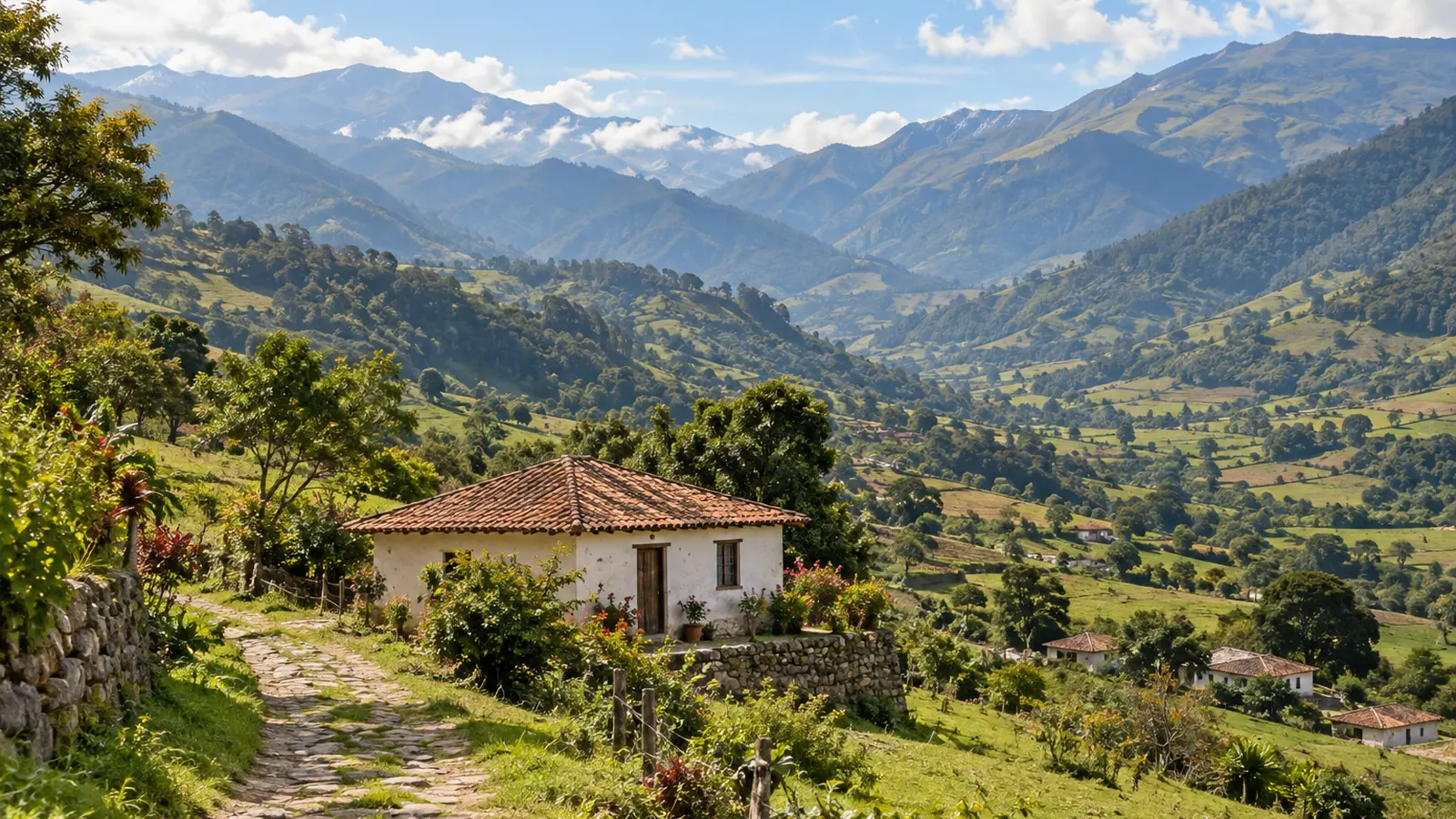 Photo-like illustration inspired by the Venezuelan Andes near Mérida: a small plaster house with a clay-tile roof beside a stone path on a green slope, backed by layered mountain ridges in warm daylight.