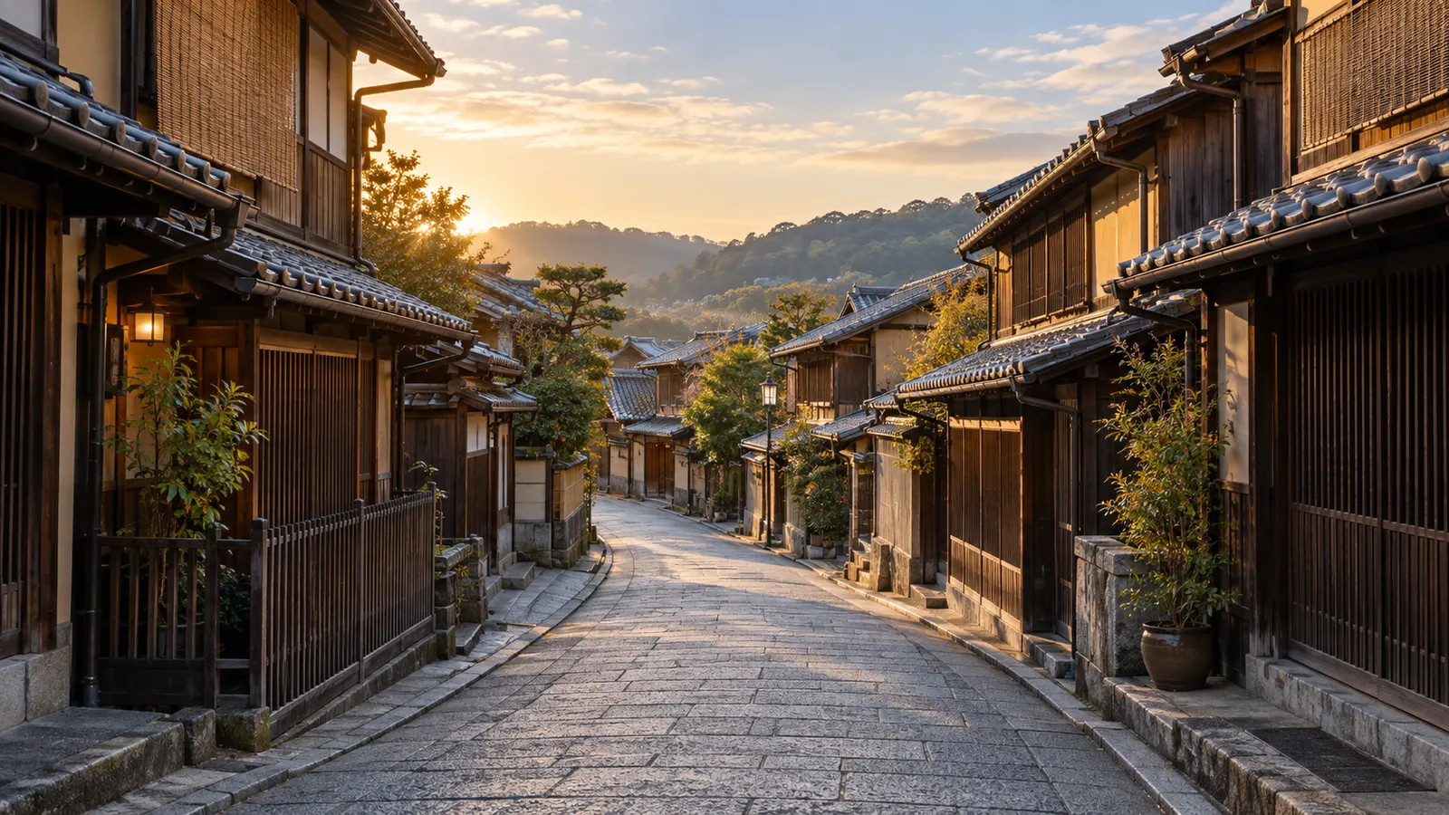 Illustration of a quiet Kyoto street lined with wooden townhouses at sunrise.