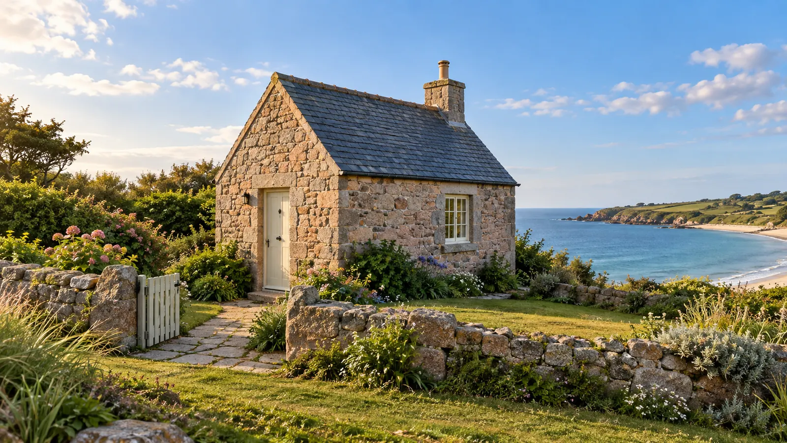 Fotorealistische Illustration nach dem Vorbild Jerseys: ein Granithaus in warmen Farbtönen mit schiefergedecktem Satteldach, kleinem Garten und Steinmauer, daneben ein Stück blaues Meer.