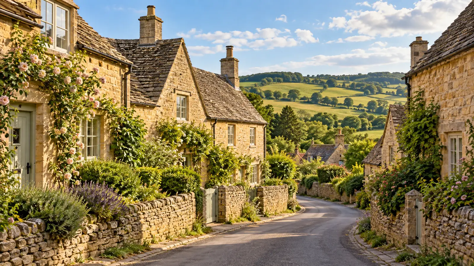 Photo-like illustration of honey-colored stone cottages along a winding lane, with green hills in England's Cotswolds.