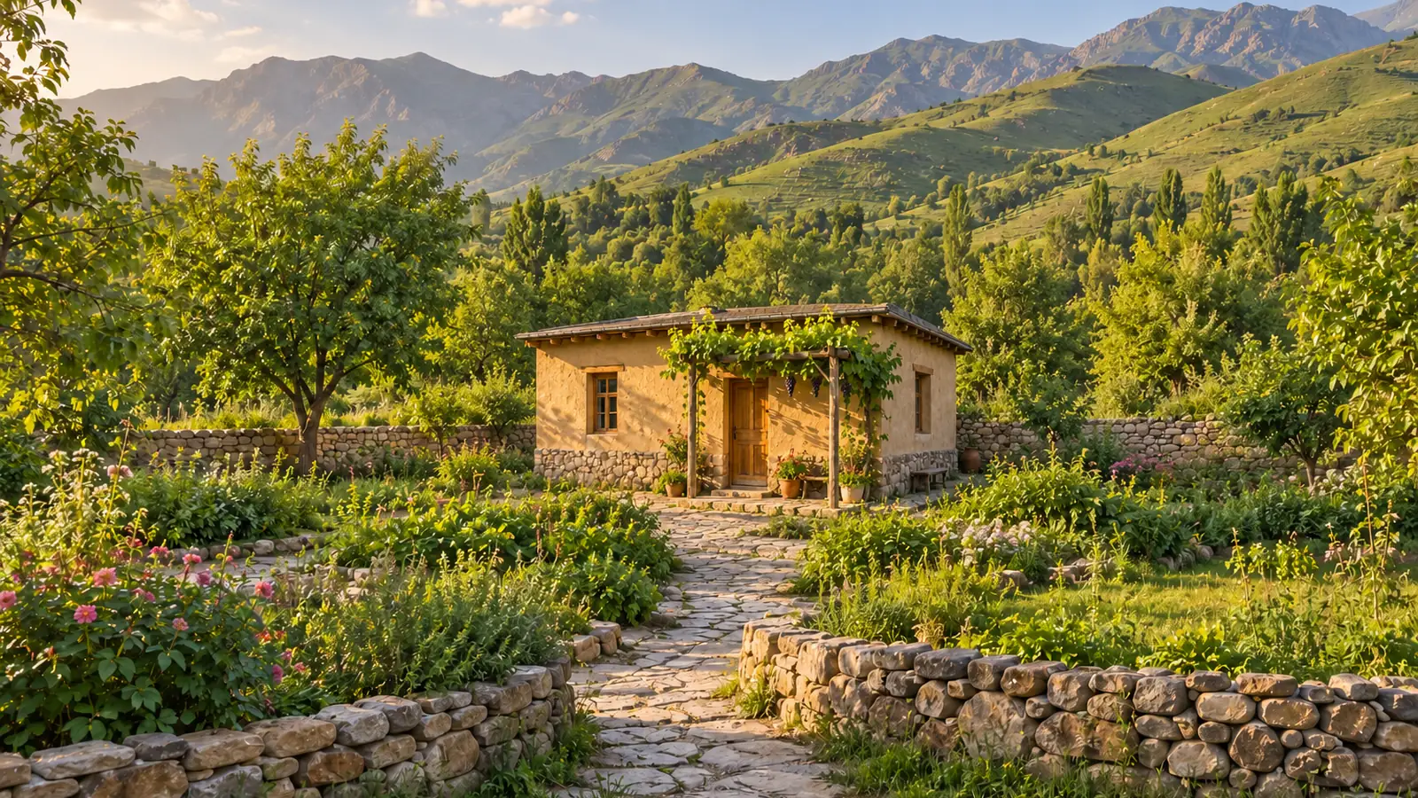 Photo-like illustration inspired by Tajikistan: a warm earthen-plaster courtyard home with a wooden door and grapevine trellis, a stone path, garden plants and green mountain foothills.
