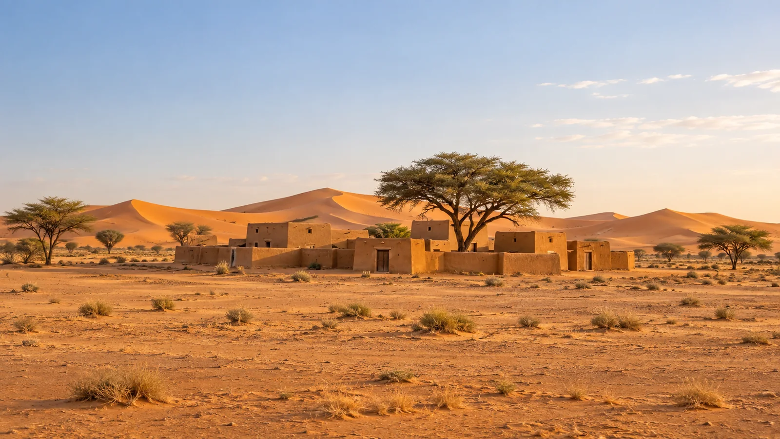 Fotorealistische Illustration, inspiriert von Niger: Lehmhäuser mit Flachdächern, Akazien und ockerfarbene Dünen im warmen Licht des späten Nachmittags.