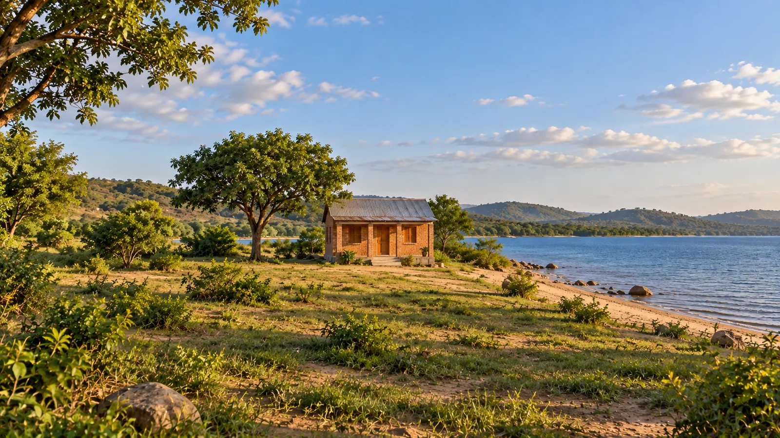 Fotorealistische Illustration nach dem Vorbild Malawis: ein schlichtes Backsteinhaus mit silbernem Metalldach und Veranda, ein sandiger Hof, ein belaubter Schattenbaum, ein blauer See und niedrige grüne Hügel.