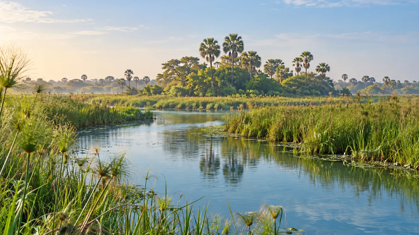 Illustrazione in stile fotografico ispirata al Delta dell'Okavango: un canale d'acqua tranquillo tra canne e papiri, con palme su un'isola bassa e verde alla luce calda.