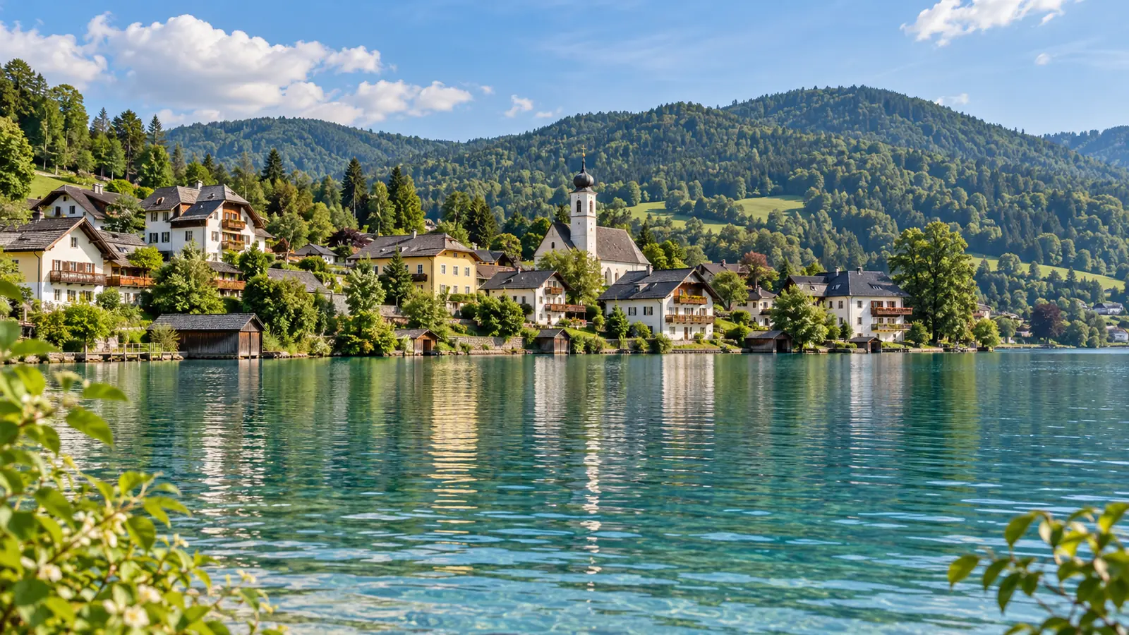 Fotorealistische Illustration eines österreichischen Dorfes am See mit hellen Häusern, einer kleinen Kirche und bewaldeten Hügeln im Salzkammergut.