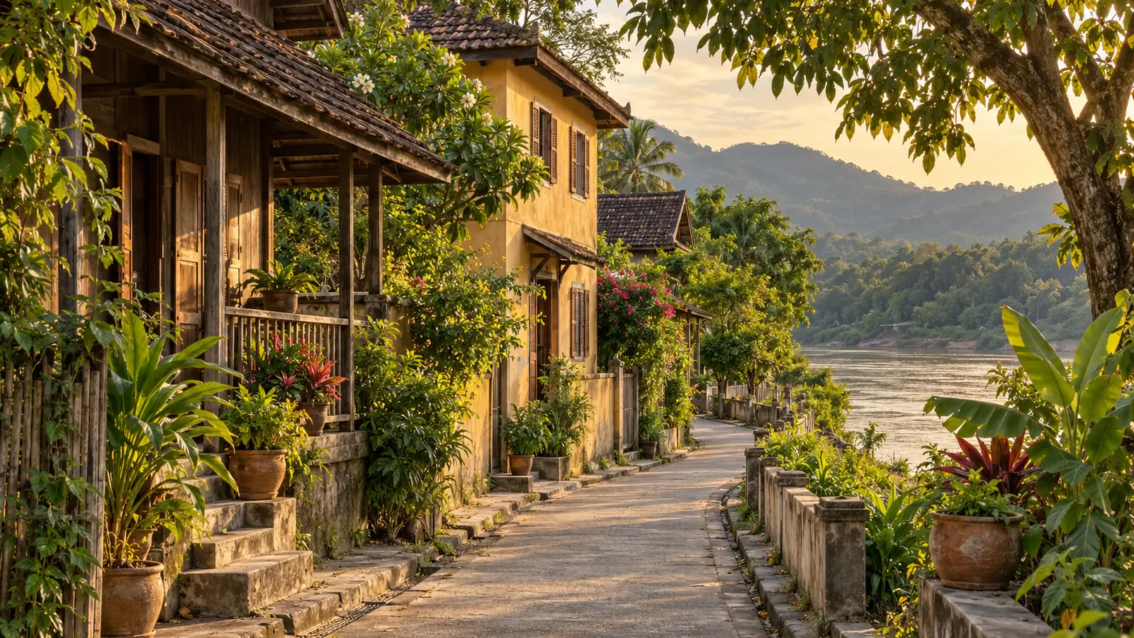 Fotorealistische Illustration nach dem Vorbild von Luang Prabang: eine Gasse mit ockerfarbenen Häusern und üppigem Grün, ein Blick auf den Fluss und bewaldete Hügel im warmen Licht.