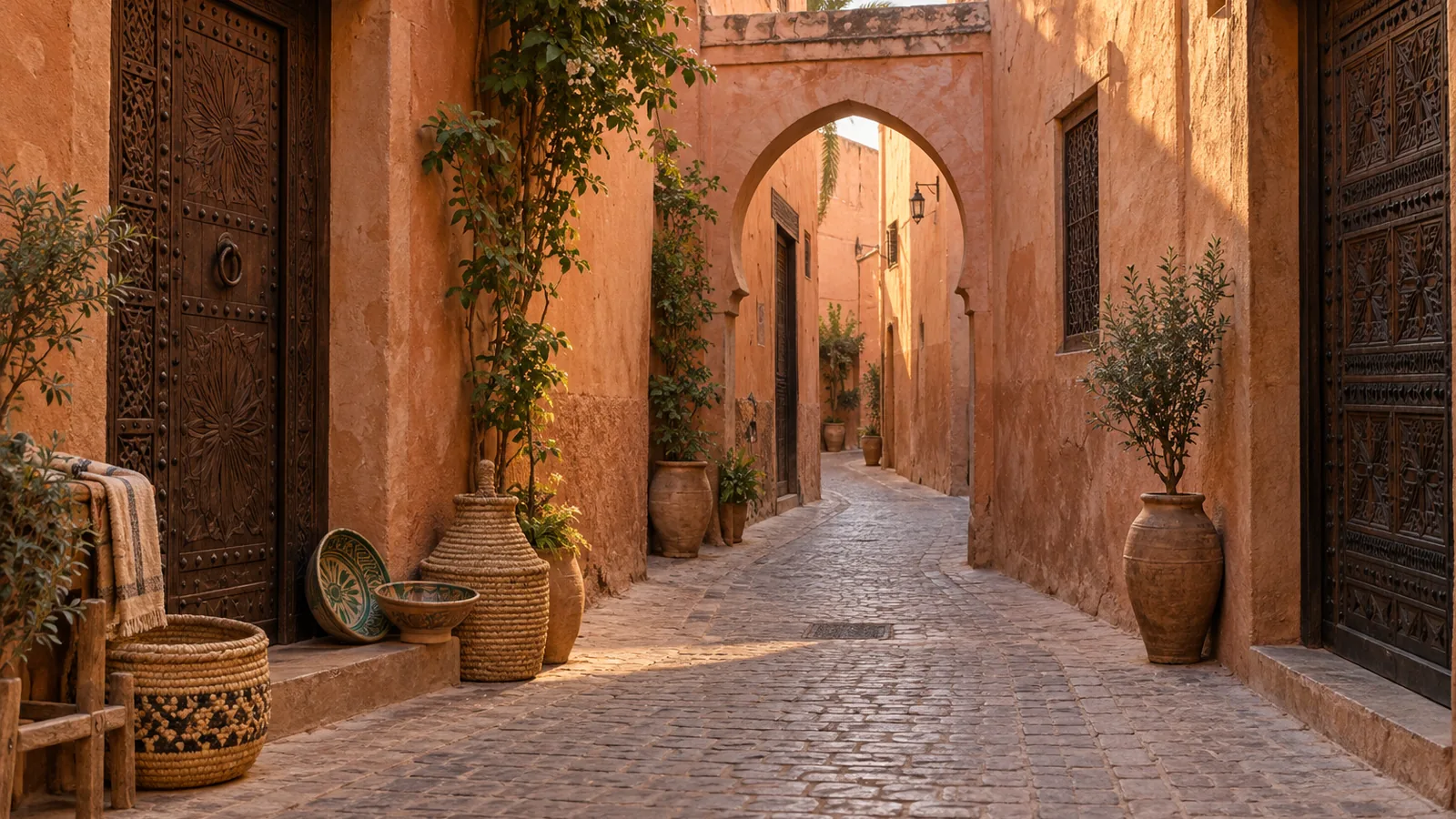 Fotorealistische Illustration nach dem Vorbild von Marrakesch: eine ockerfarbene Gasse der Medina mit Hufeisenbogen, Keramik und geflochtenen Körben im warmen Licht.