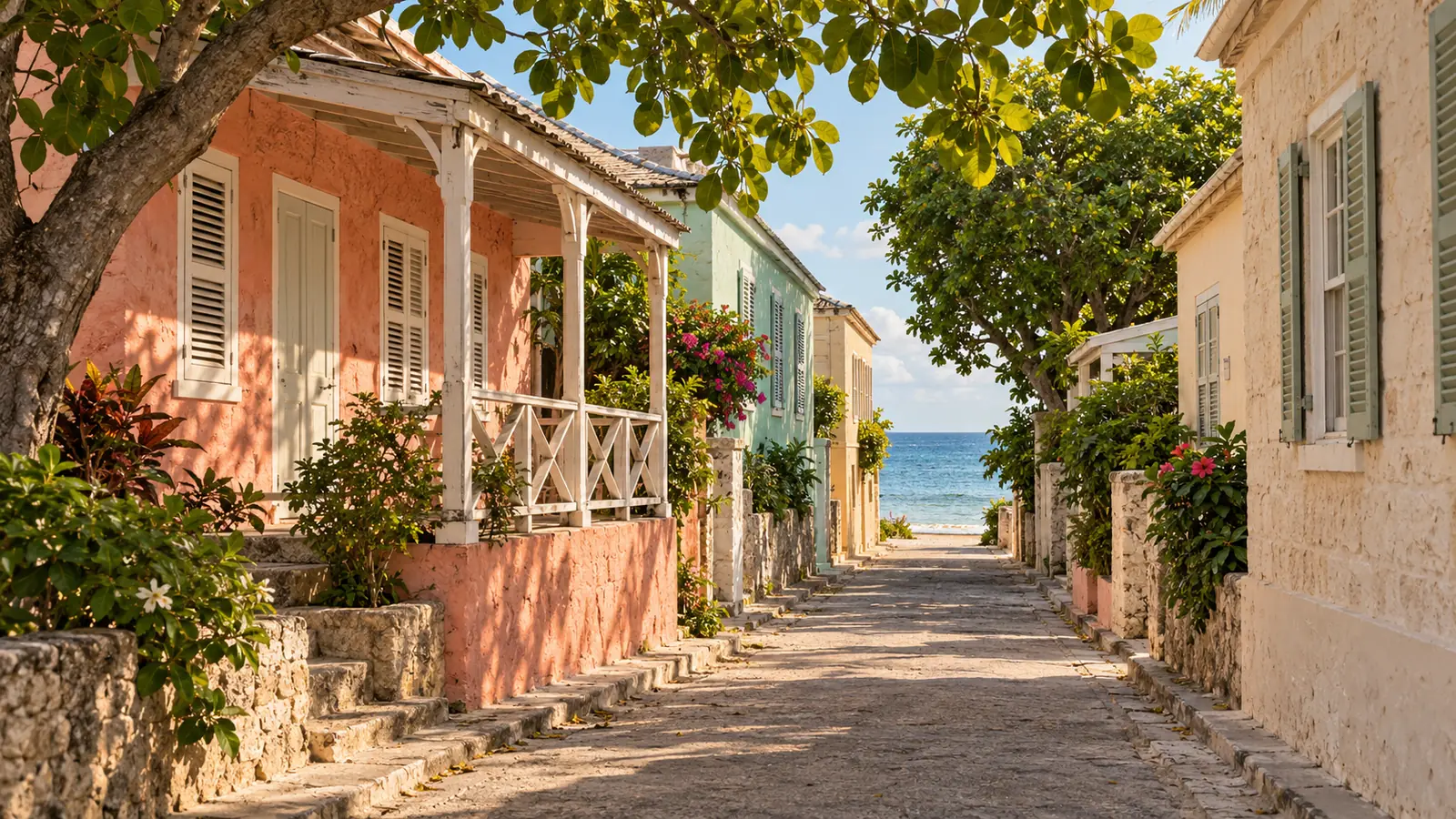 Ilustración realista inspirada en Speightstown: un callejón claro entre casas de tonos pastel con contraventanas y porche, bajo la sombra de árboles, que conduce al mar azul.