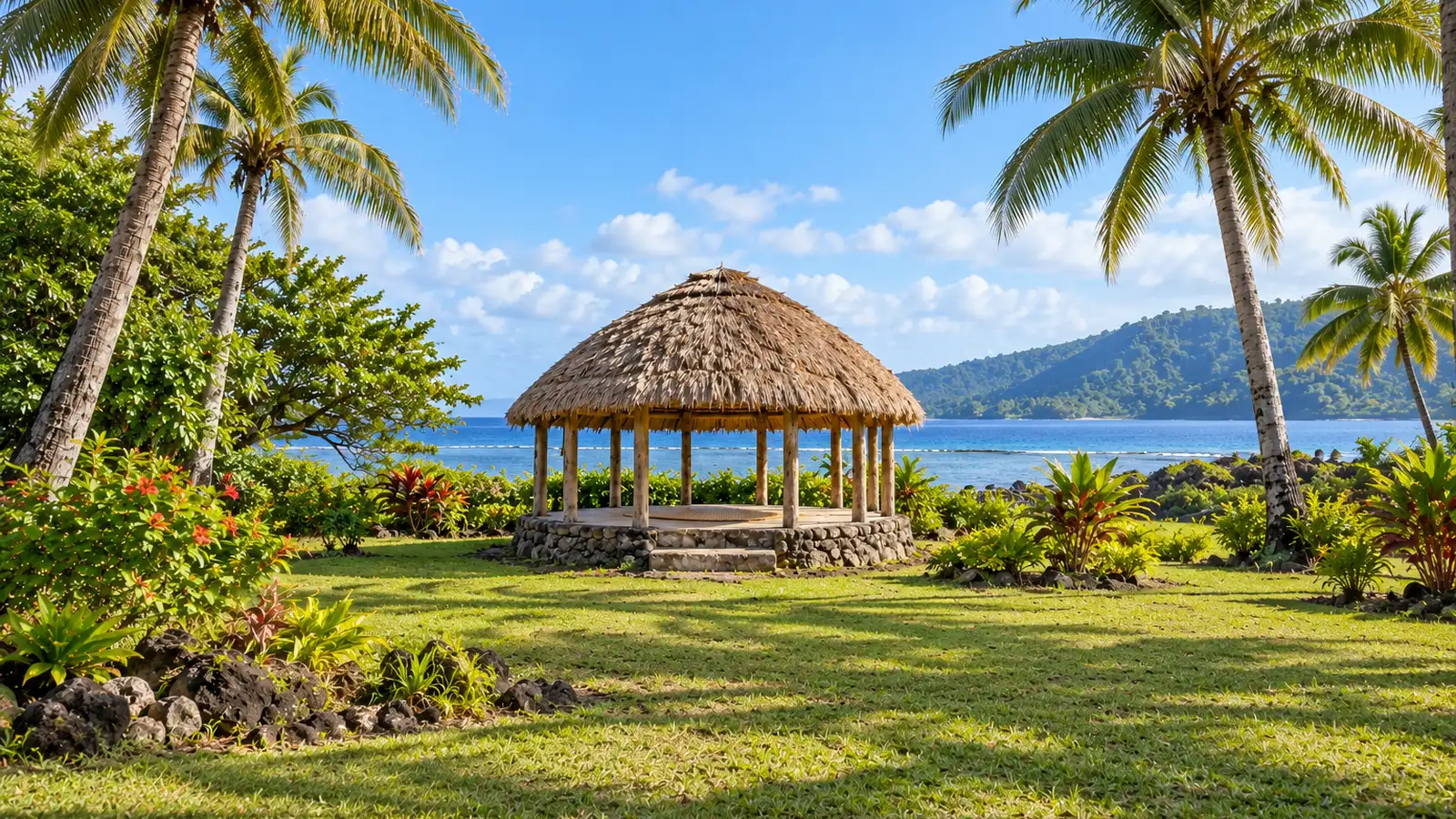 Illustrazione in stile fotografico ispirata a Samoa: una fale aperta sui lati con tetto di paglia a cupola su pali di legno e una bassa base in pietra, tra le palme accanto a una baia blu.
