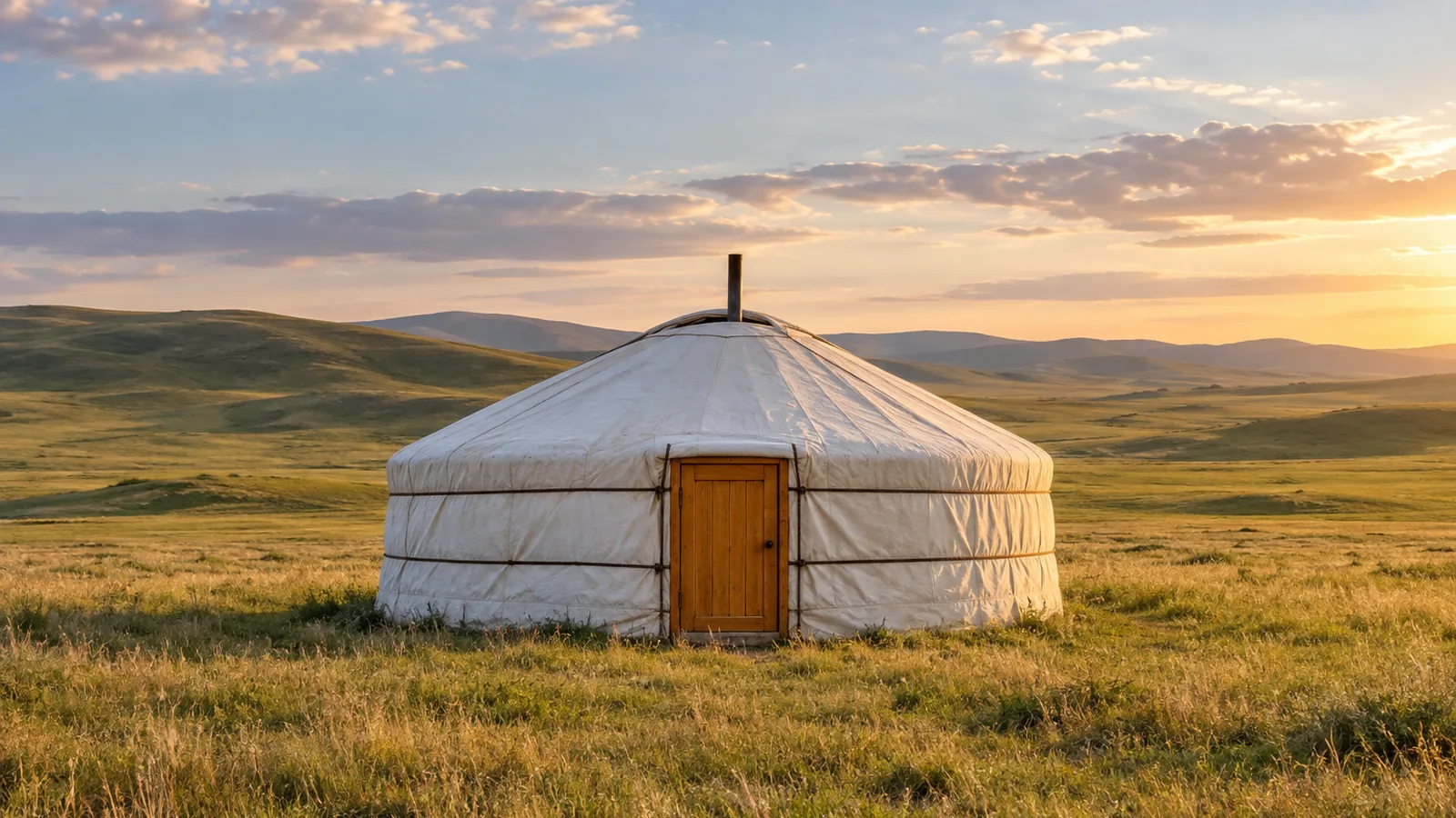 Illustrazione in stile fotografico ispirata alla Mongolia: una ger bianca di feltro con porta di legno e piccolo camino su una steppa erbosa, con basse colline ondulate in luce calda.