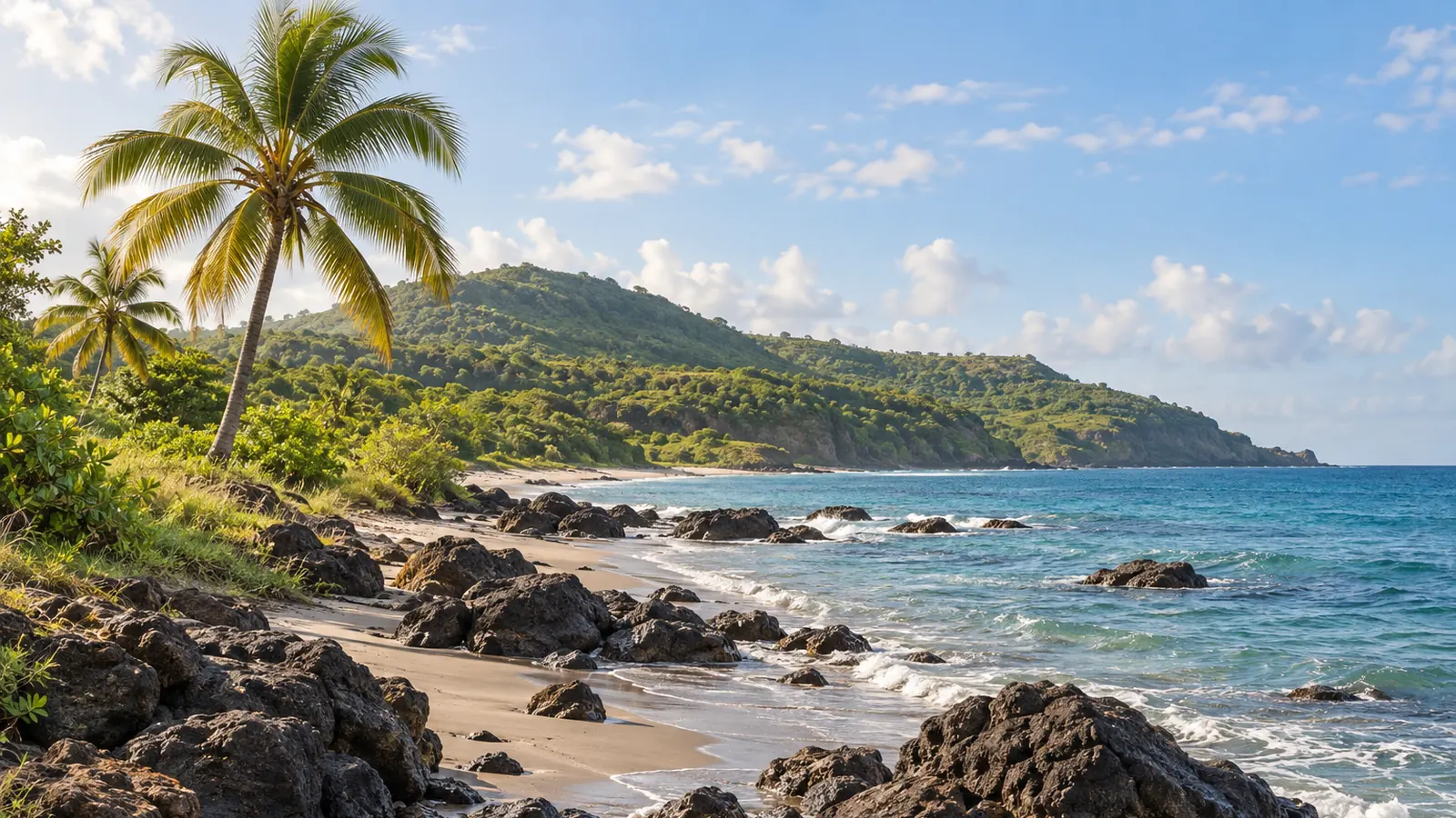 Photo-like illustration inspired by Saint Kitts: dark coastal rocks, a narrow sandy edge, palms, blue water and a rounded green ridge in warm daylight.