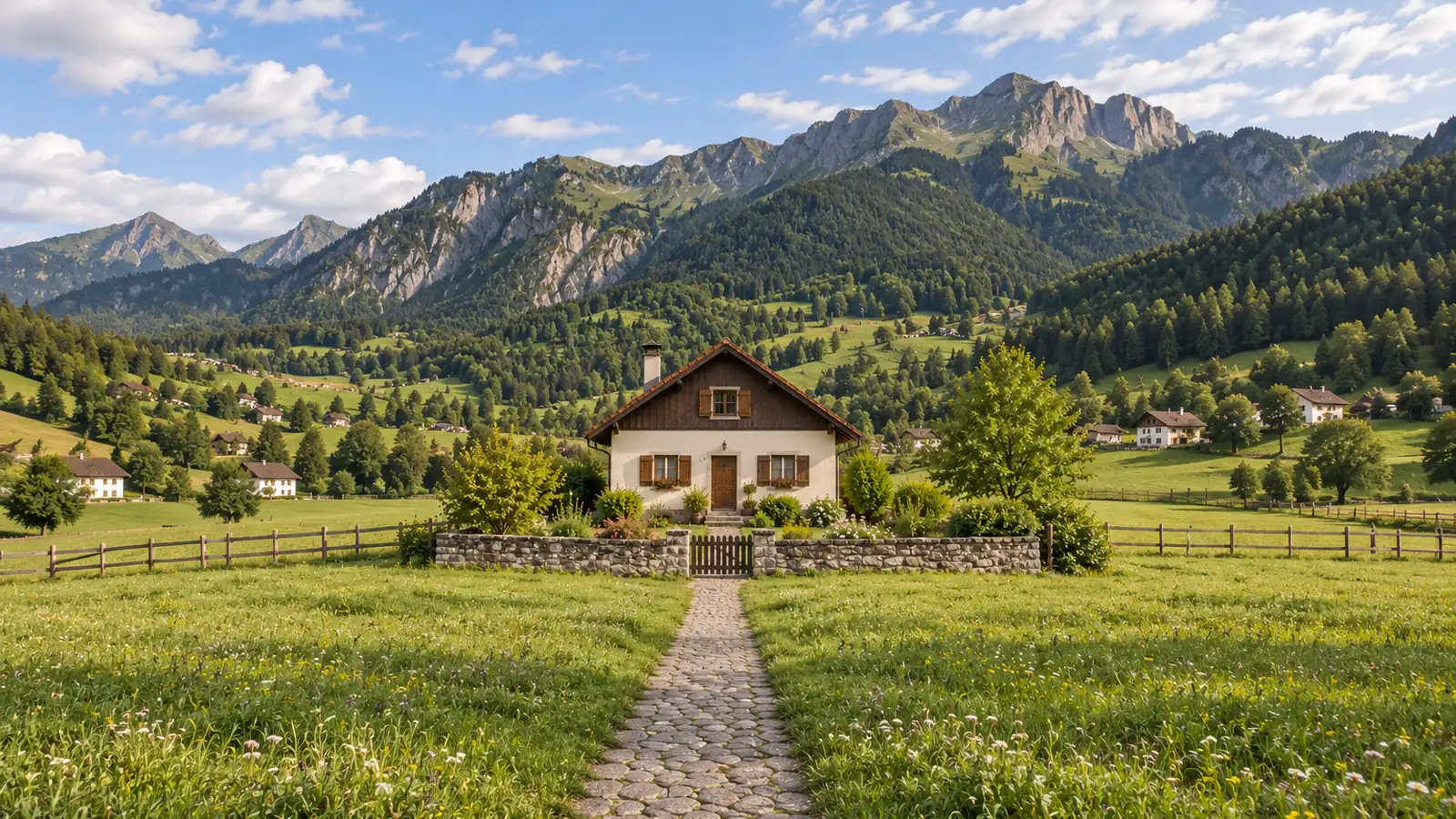 Photo-like illustration inspired by Liechtenstein: a cream plaster home with a timber gable, brown shutters and a tiled roof, stone garden wall and path, green meadows and steep wooded mountains behind.