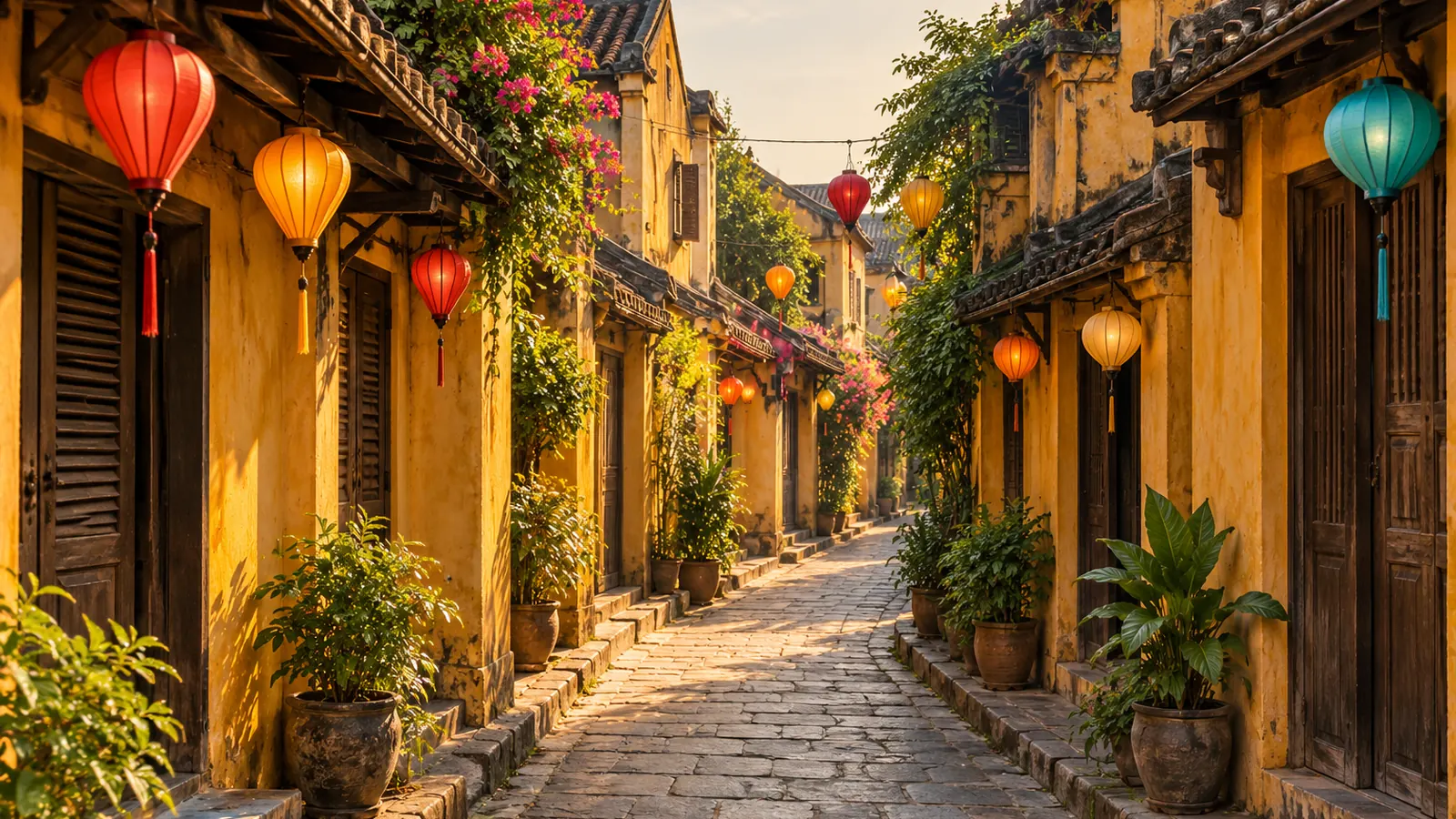 Ilustración realista inspirada en Hoi An: un callejón de paredes ocres con contraventanas de madera oscura, tejados de tejas, farolillos de colores y plantas en macetas bajo una luz cálida.