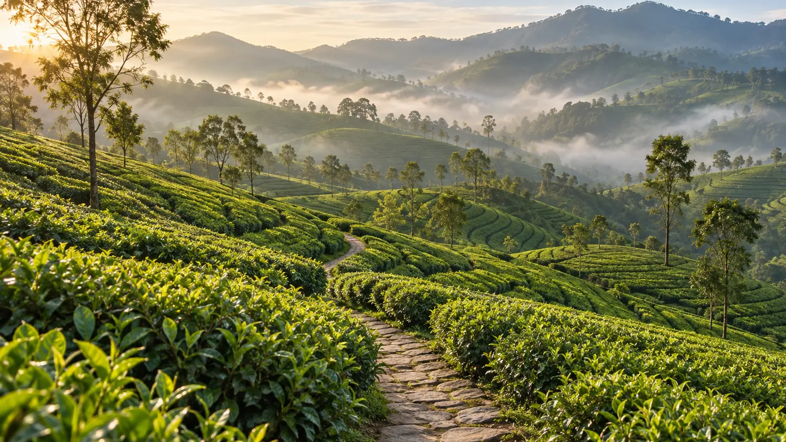Illustrazione in stile fotografico ispirata alla zona collinare dello Sri Lanka: file curve di cespugli di tè, un sentiero di pietra tortuoso e creste nebbiose alla luce calda del mattino.