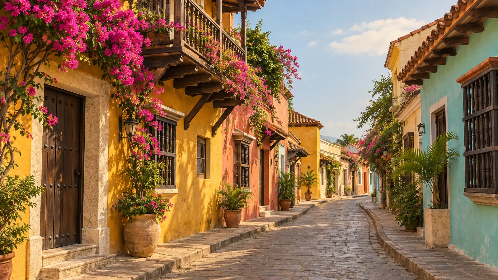 Illustrazione in stile fotografico ispirata a Cartagena: un vicolo curvo lastricato di pietra con facciate in stucco colorate, un balcone di legno, sporti del tetto in tegole di terracotta, buganvillea rosa e palme in vaso in luce calda.
