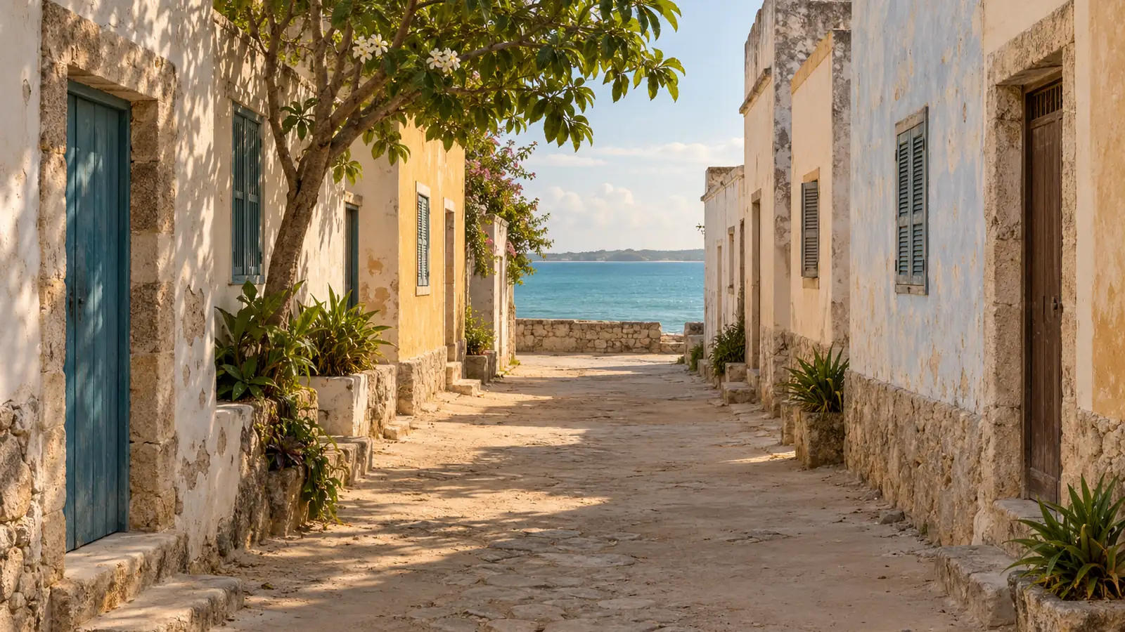 Ilustración realista inspirada en la isla de Mozambique: un callejón entre casas sencillas revocadas, un árbol frondoso y una vista parcial de la bahía bajo una luz cálida.