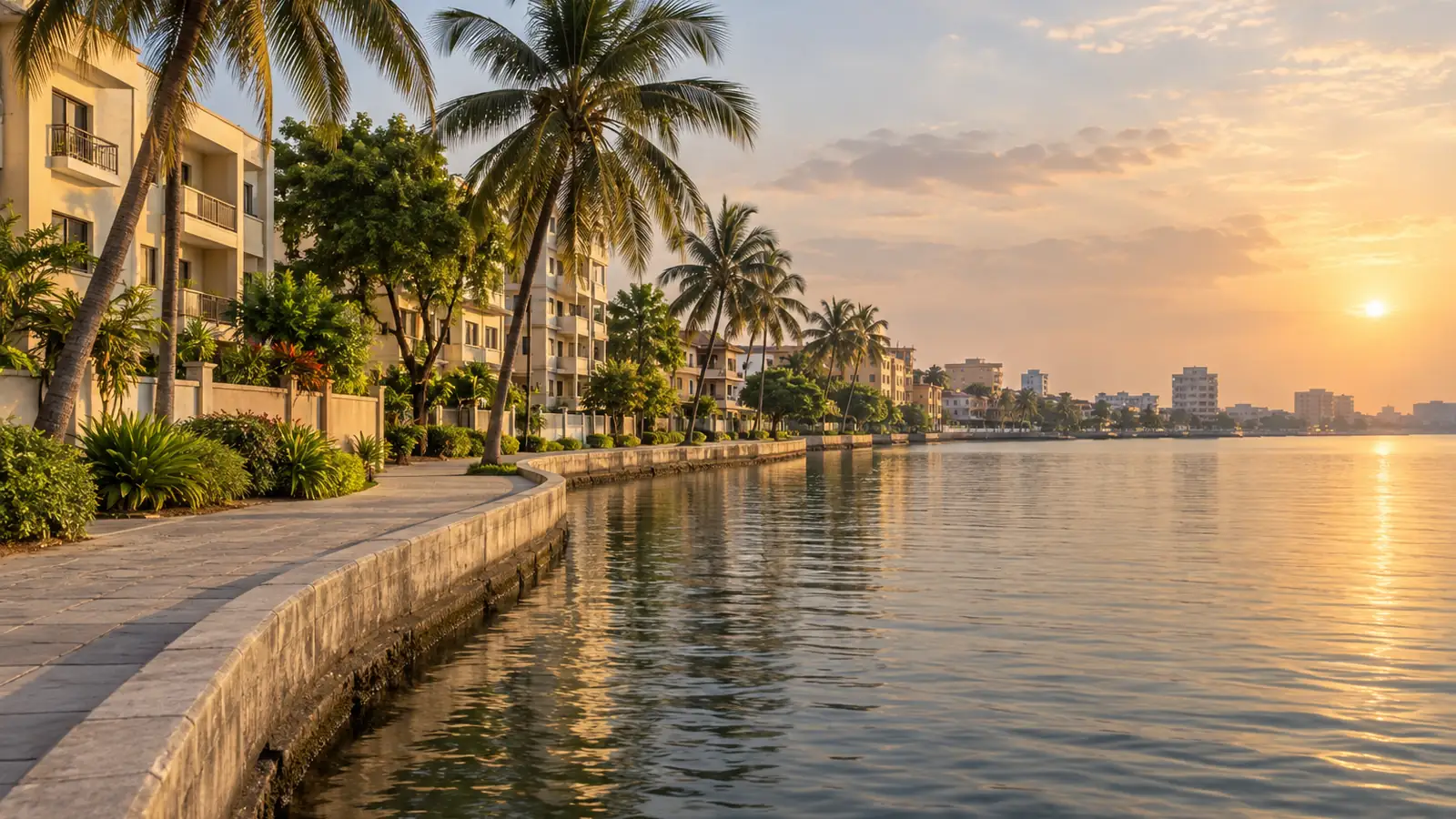 Photo-like illustration inspired by Lagos: a lagoon waterfront with palms, low-rise buildings and a shore path in warm light.