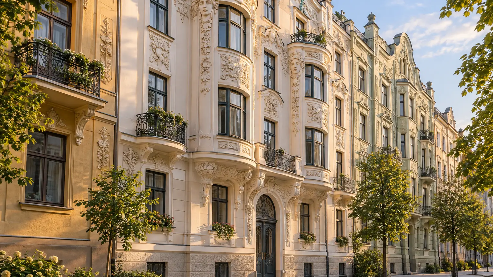 Illustrazione in stile fotografico ispirata a Riga: pallide facciate Art Nouveau con rilievi floreali, volti scolpiti, balconi curvi e alberi lungo la strada in luce calda.