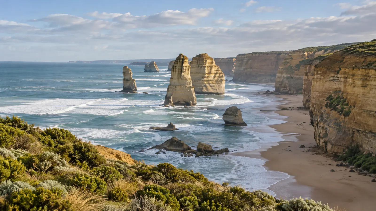 Illustrazione in stile fotografico di pile di roccia calcaree e falesie sulla Great Ocean Road australiana.