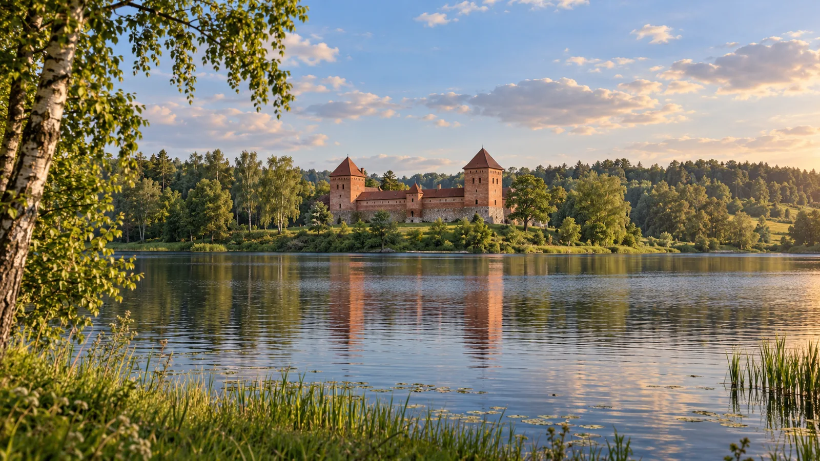 Fotorealistische Illustration nach dem Vorbild von Belarus: eine rote Backsteinburg mit quadratischen Türmen an einem ruhigen See, umrahmt von Laubbäumen im warmen Licht.