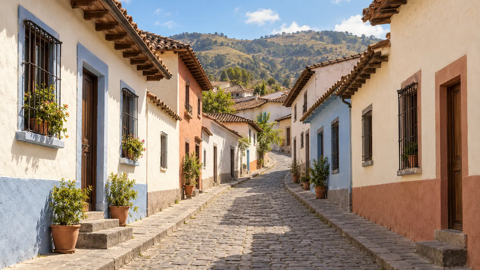 Fotorealistische Illustration nach dem Vorbild von Quito: eine ansteigende Steingasse mit cremefarbenen, blauen und terrakottafarbenen Putzfassaden, Ziegeldächern, vergitterten Fenstern und Topfpflanzen vor einem niedrigen Hügelkamm.