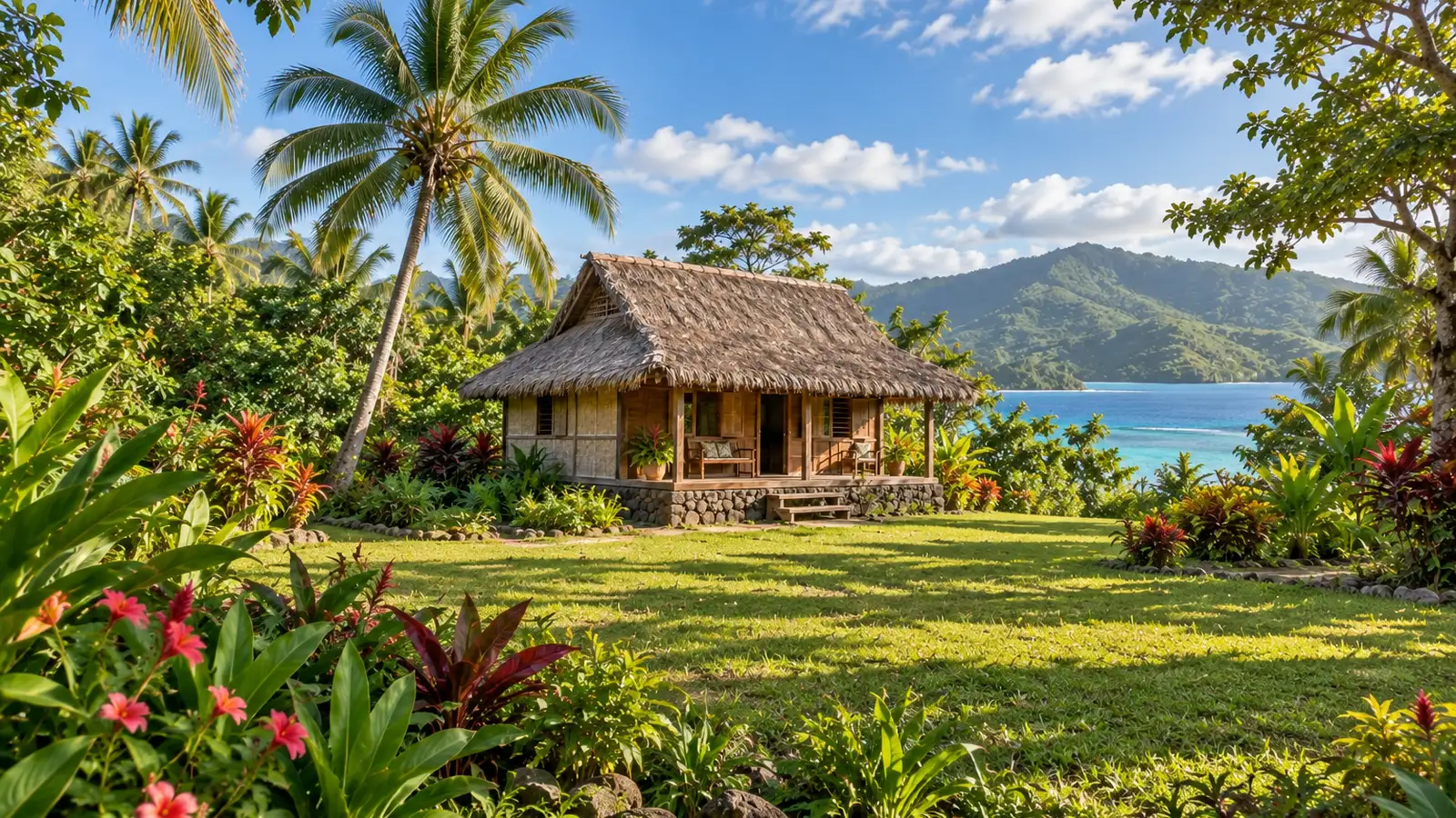 Fotorealistische Illustration, inspiriert von Vanuatu: ein Holzhaus mit Palmblattdach und niedrigem Steinsockel in einem tropischen Garten, dahinter eine Lagune und grüne Hügel.