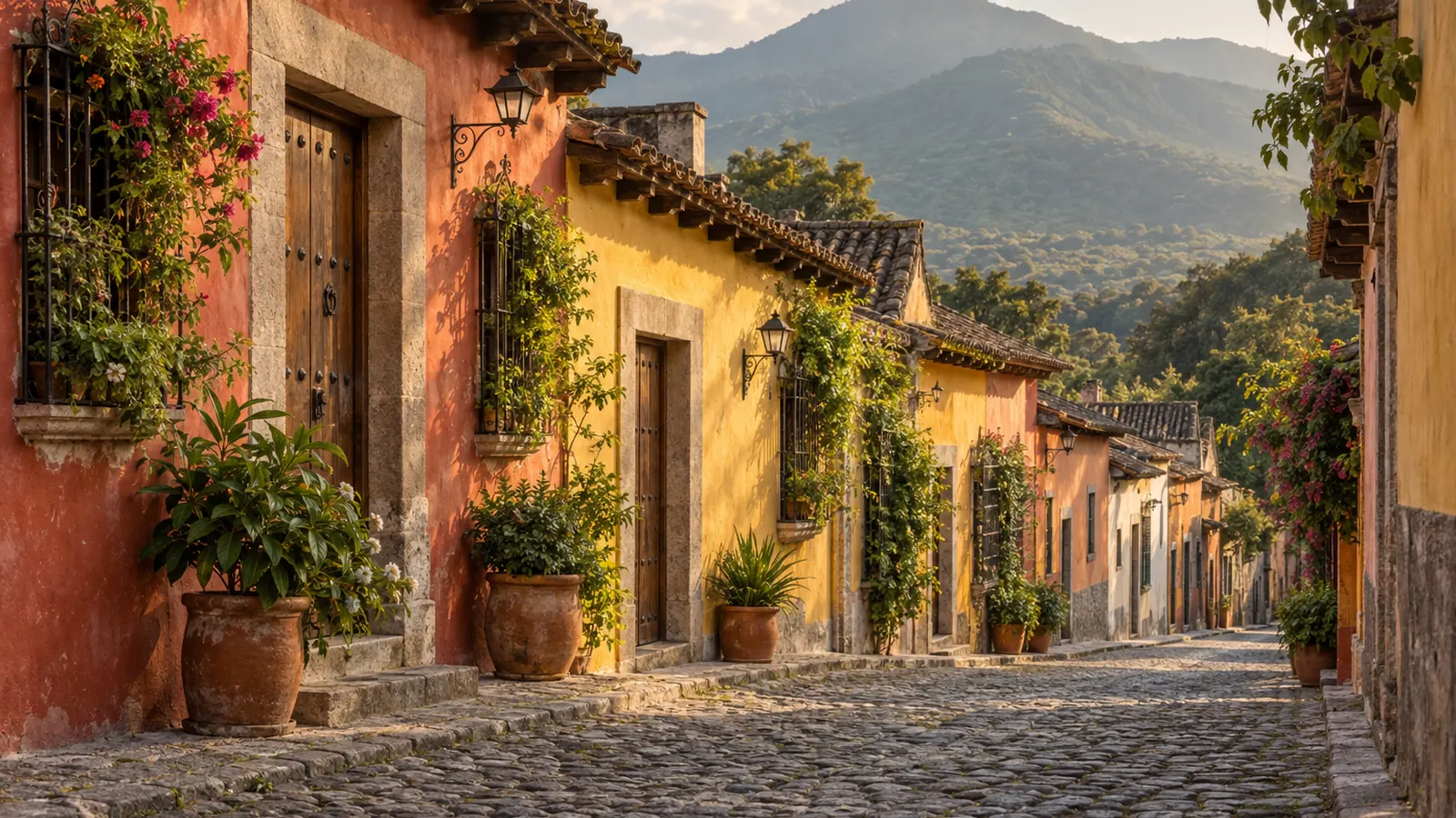 Photo-like illustration inspired by Antigua Guatemala: a cobbled lane with warm colored plaster houses, wooden doors, potted greenery and a hazy ridge behind.
