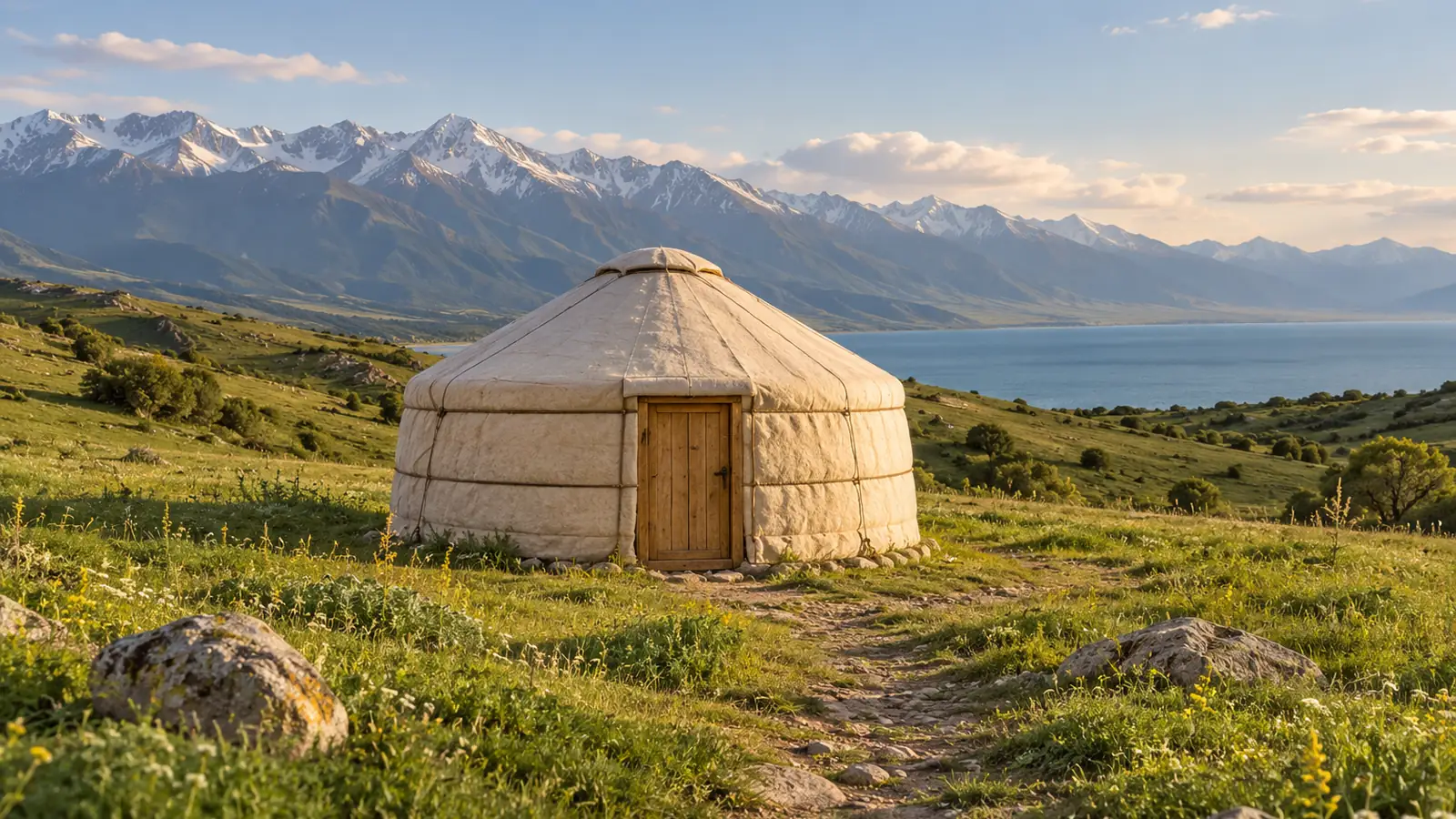 Ilustración realista inspirada en la región del Issyk-Kul, Kirguistán: una yurta sencilla de fieltro crema con puerta de madera en una pradera verde, un sendero pedregoso, un lago azul y montañas lejanas.