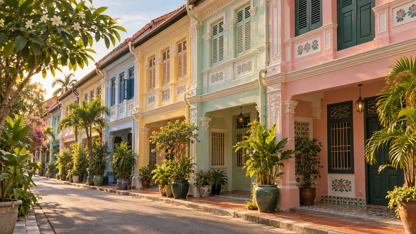 Photo-like illustration inspired by Singapore's Katong and Joo Chiat: a lane of pastel Peranakan shophouses with wooden shutters, patterned tiles, and tropical plants.