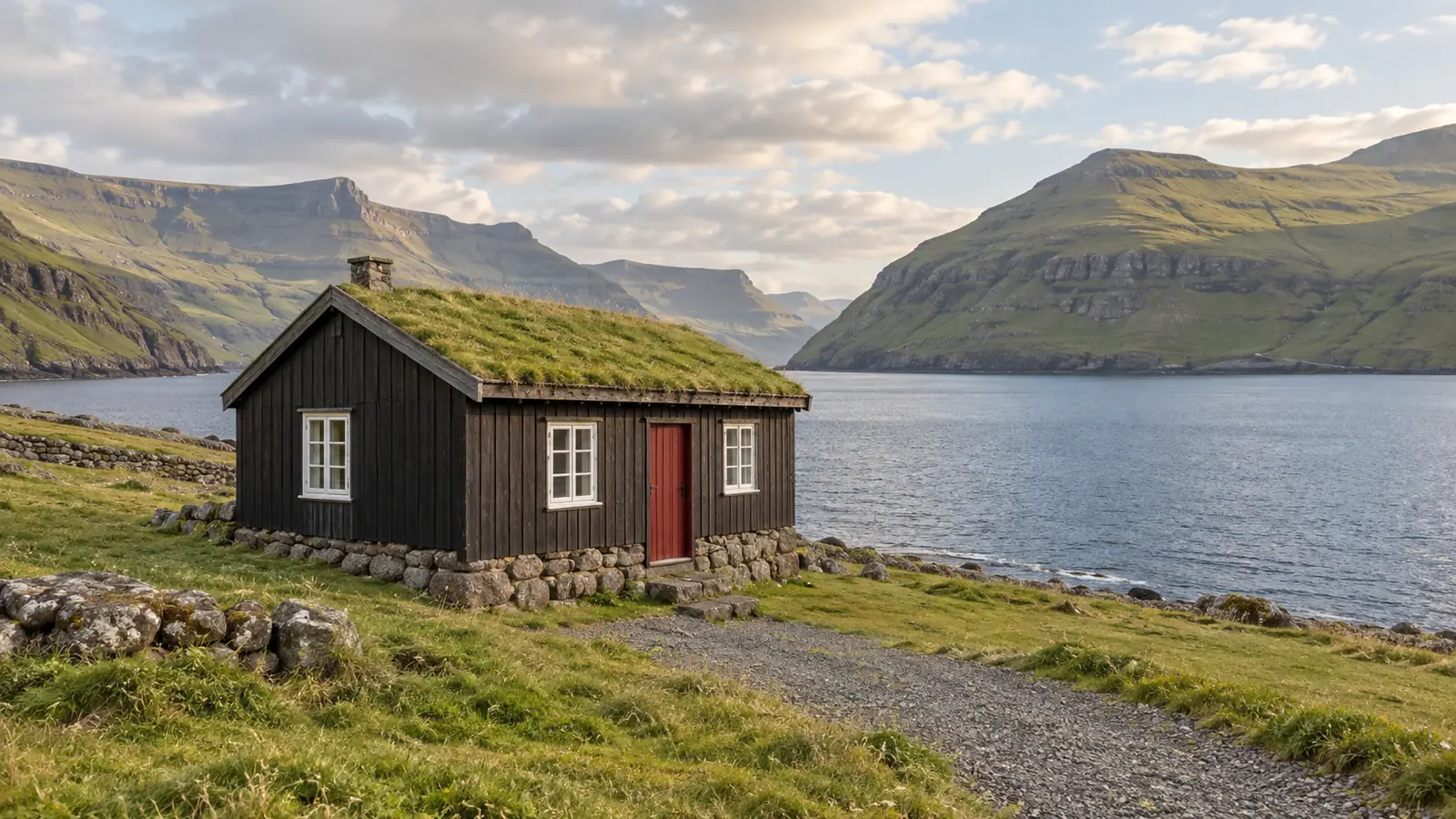 Illustrazione in stile fotografico ispirata alle Isole Fær Øer: una casa scura in legno con tetto di torba su un terreno erboso accanto a un fiordo, con colline verdi in una luce calda e morbida.