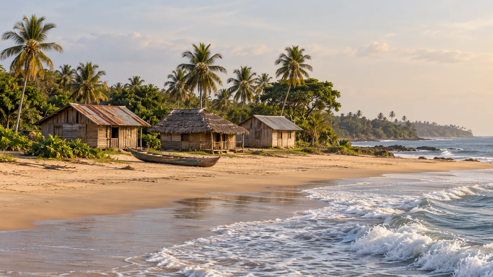 Photo-like illustration inspired by Liberia: timber houses beneath palms, a wooden canoe on a sandy beach and Atlantic surf in warm light.