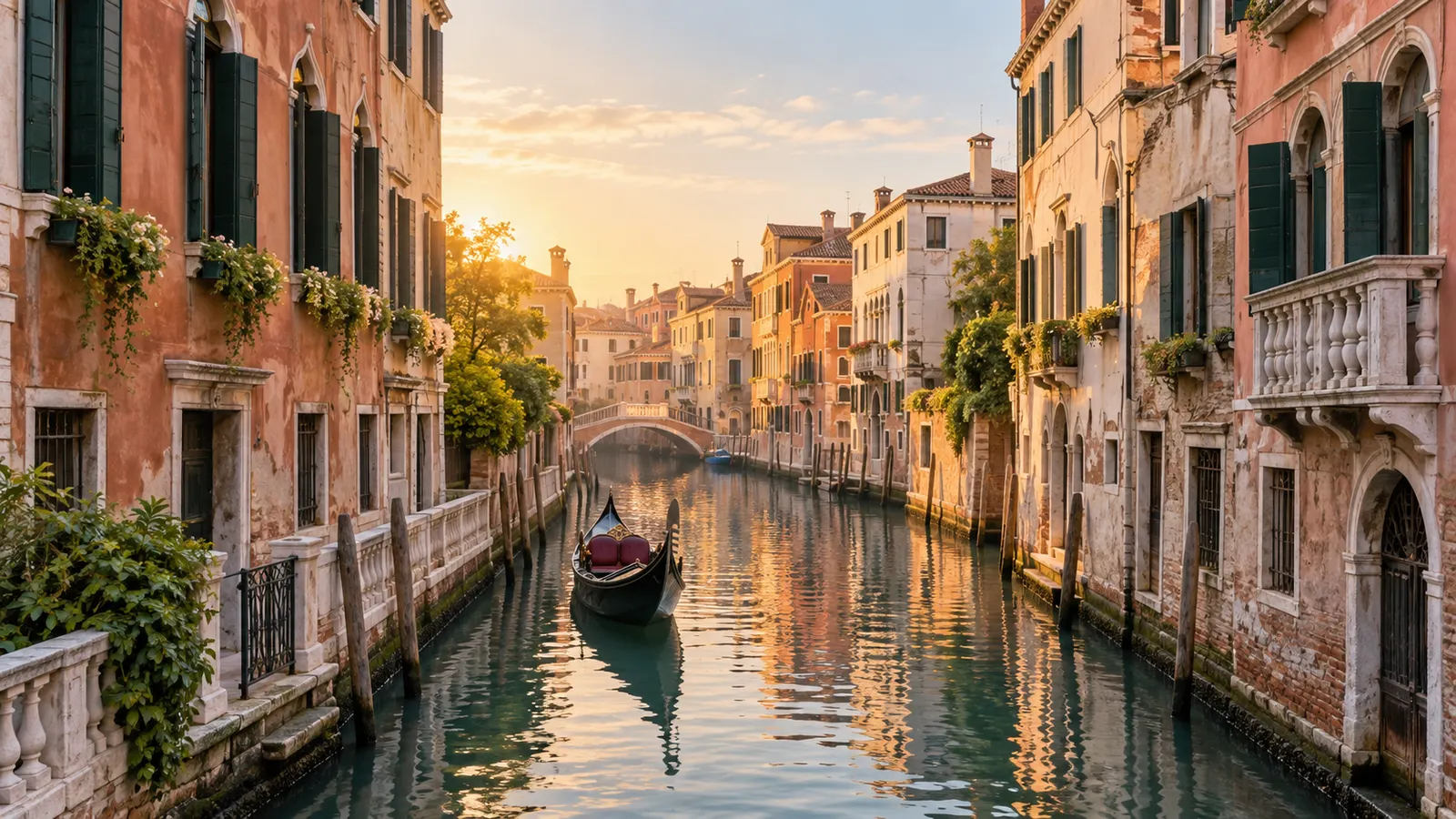 Illustrazione di una gondola su un canale di Venezia tra palazzi dai colori pastello all'alba.