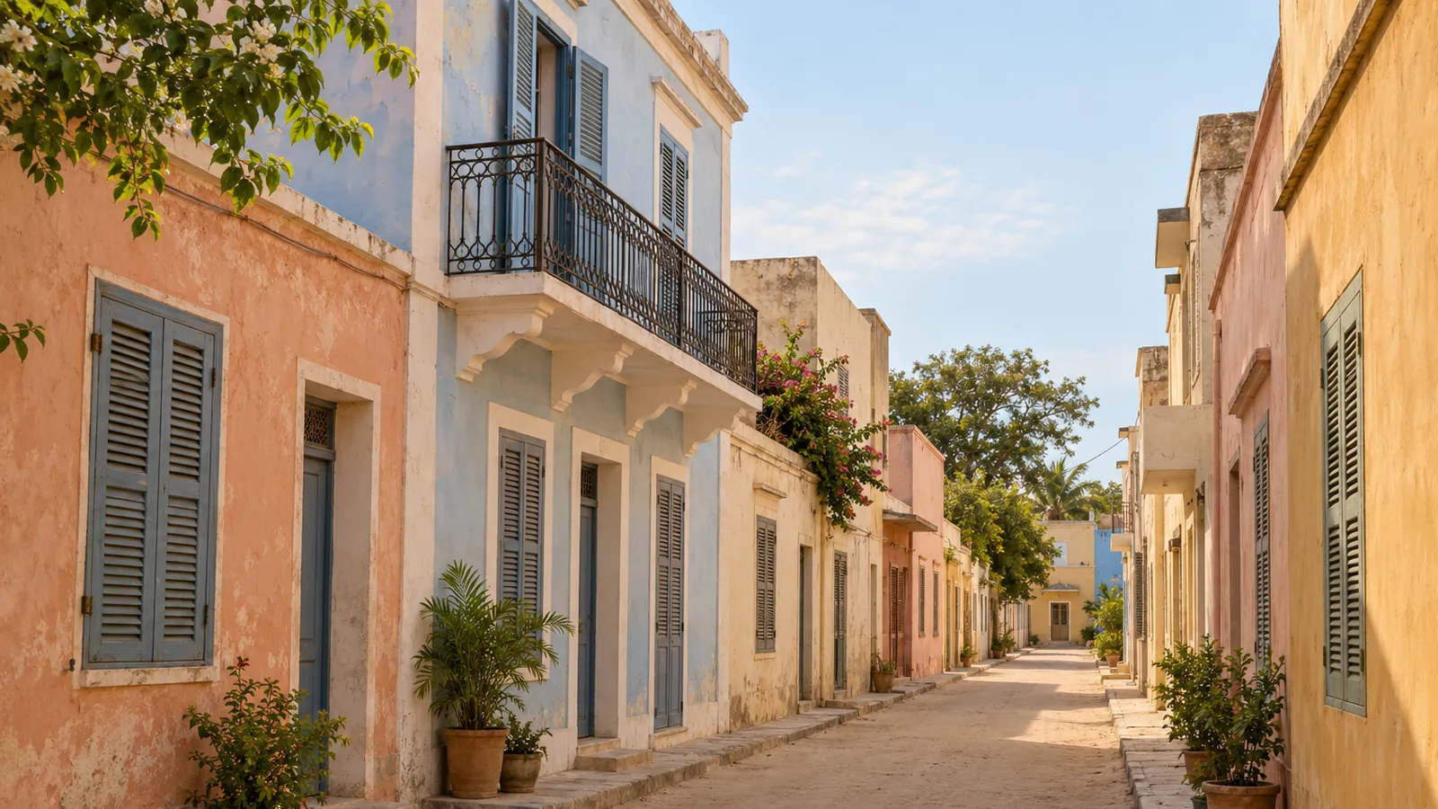 Ilustración realista inspirada en Saint-Louis, Senegal: una calle de arena, casas revocadas en tonos pastel, contraventanas de madera y un balcón con barandilla de hierro bajo una luz cálida.