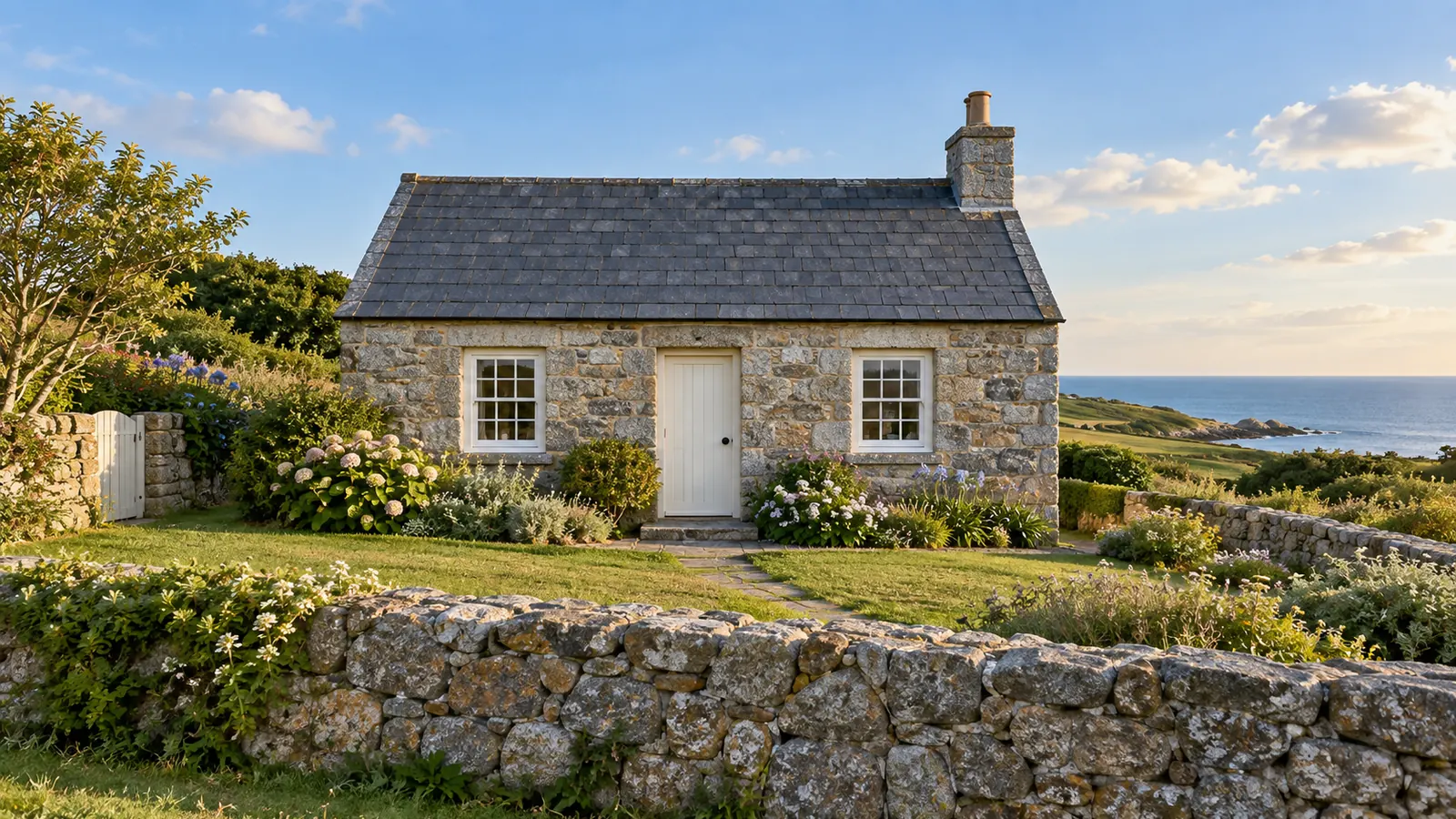 Photo-like illustration inspired by Guernsey: a gray granite cottage with a slate gable roof, a tidy coastal garden and stone wall, with a glimpse of blue sea.