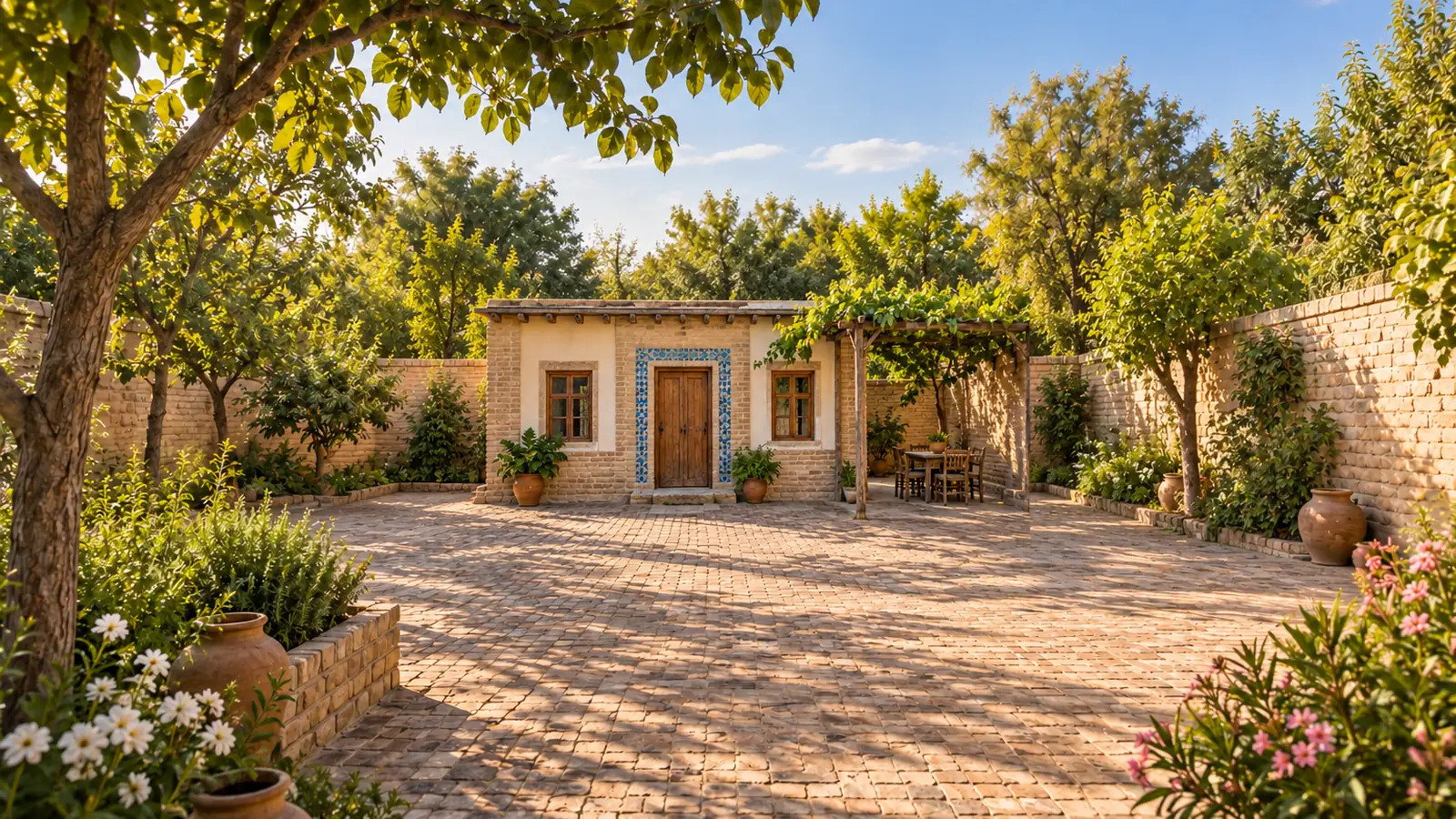 Illustrazione in stile fotografico ispirata all'Uzbekistan: una modesta casa con cortile, costruita in mattoni e intonaco, dettagli in piastrelle blu, una porta di legno, ombra di una vite, pavimentazione in mattoni e alberi frondosi.