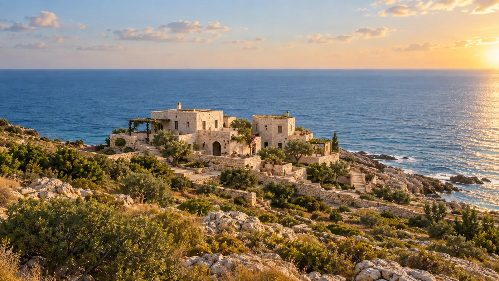 Illustrazione in stile fotografico ispirata alla costa mediterranea di Israele: case di pietra chiara e terrazze a gradoni sopra il mare blu, con arbusti in luce calda.