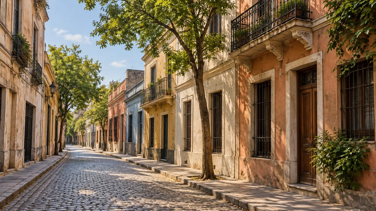 Illustrazione in stile fotografico ispirata a San Telmo a Buenos Aires: una strada acciottolata con facciate storiche dai toni caldi, balconi con ringhiere in ferro e alberi rigogliosi.