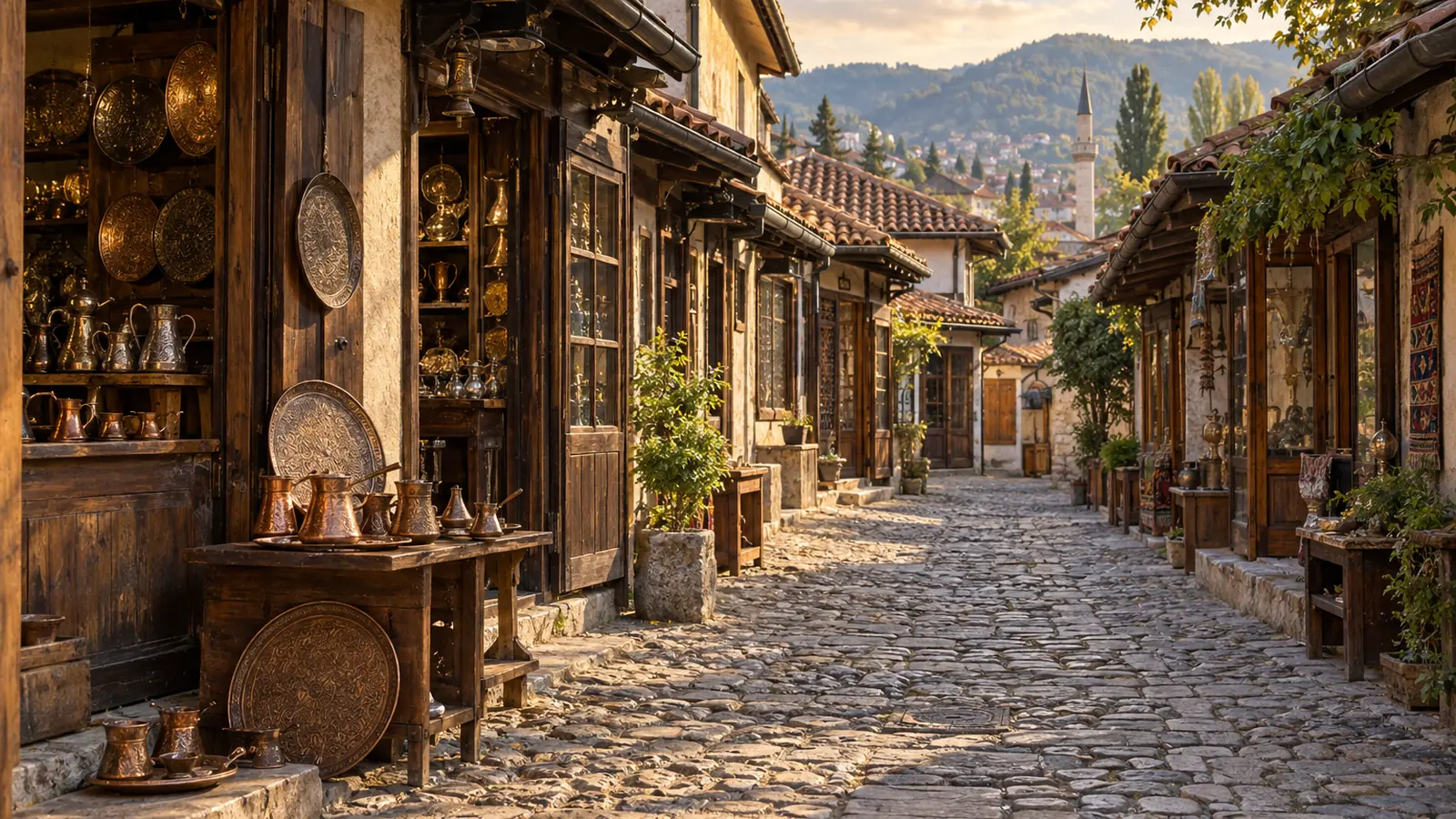 Ilustración realista inspirada en Sarajevo: un callejón empedrado de bazar con tiendas de madera, tejados de teja, cafeteras y bandejas de cobre bajo una luz cálida.