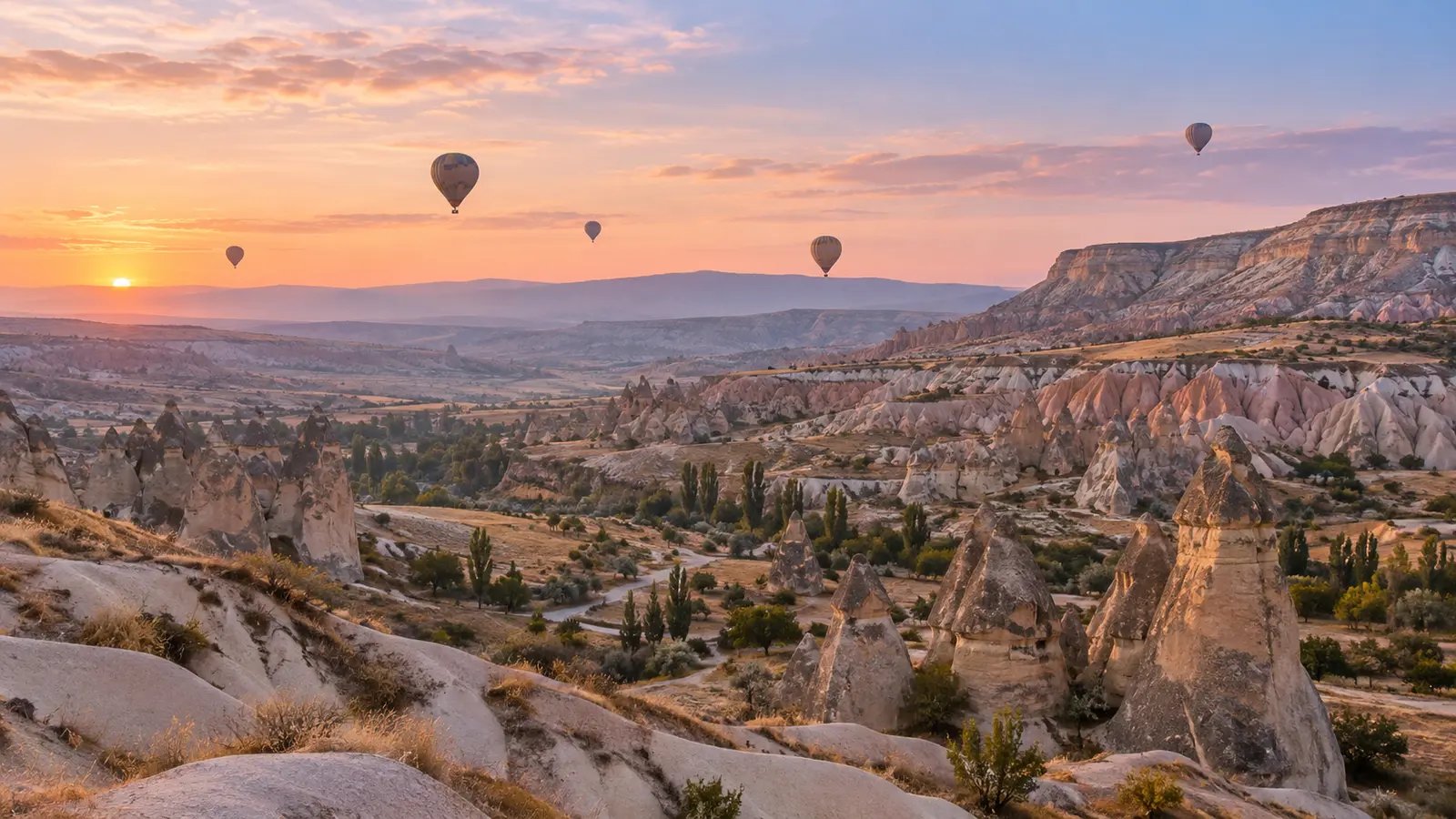 Photo-like illustration of Cappadocia's rock valleys and hot air balloons at dawn.